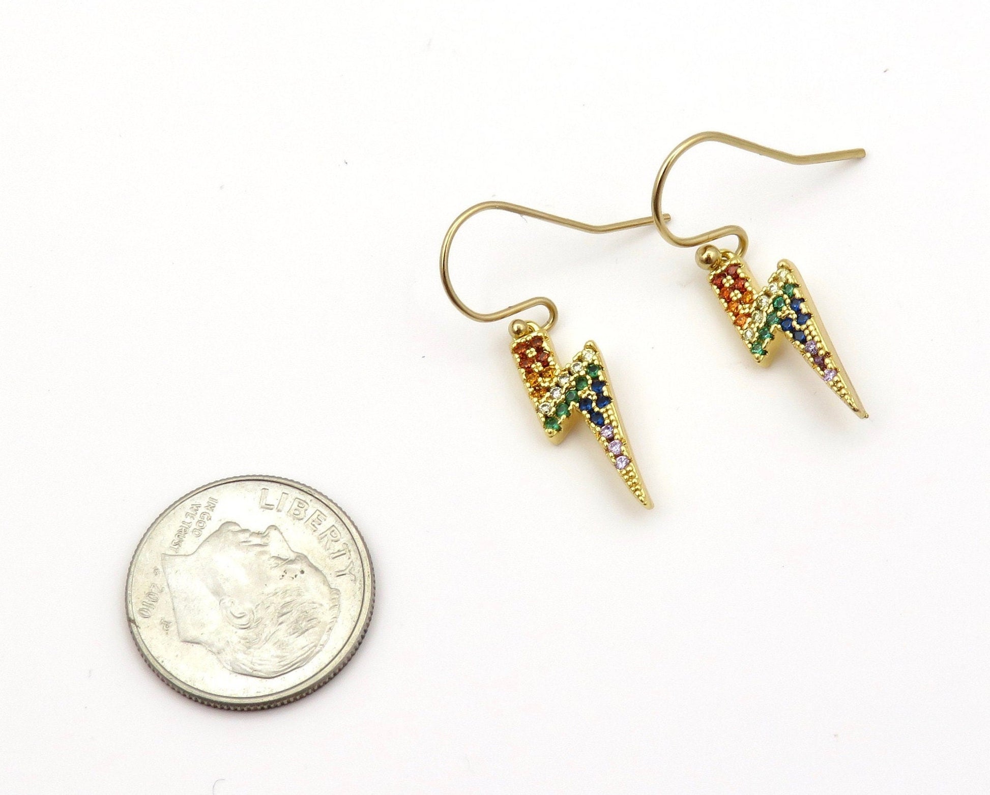 Lightning Bolt Earrings | Gold Lightning Earrings | Multicolor CZ Bolt Earrings | Sparkly Lightning Bolt Earrings | Rainbow Lightning Bolts