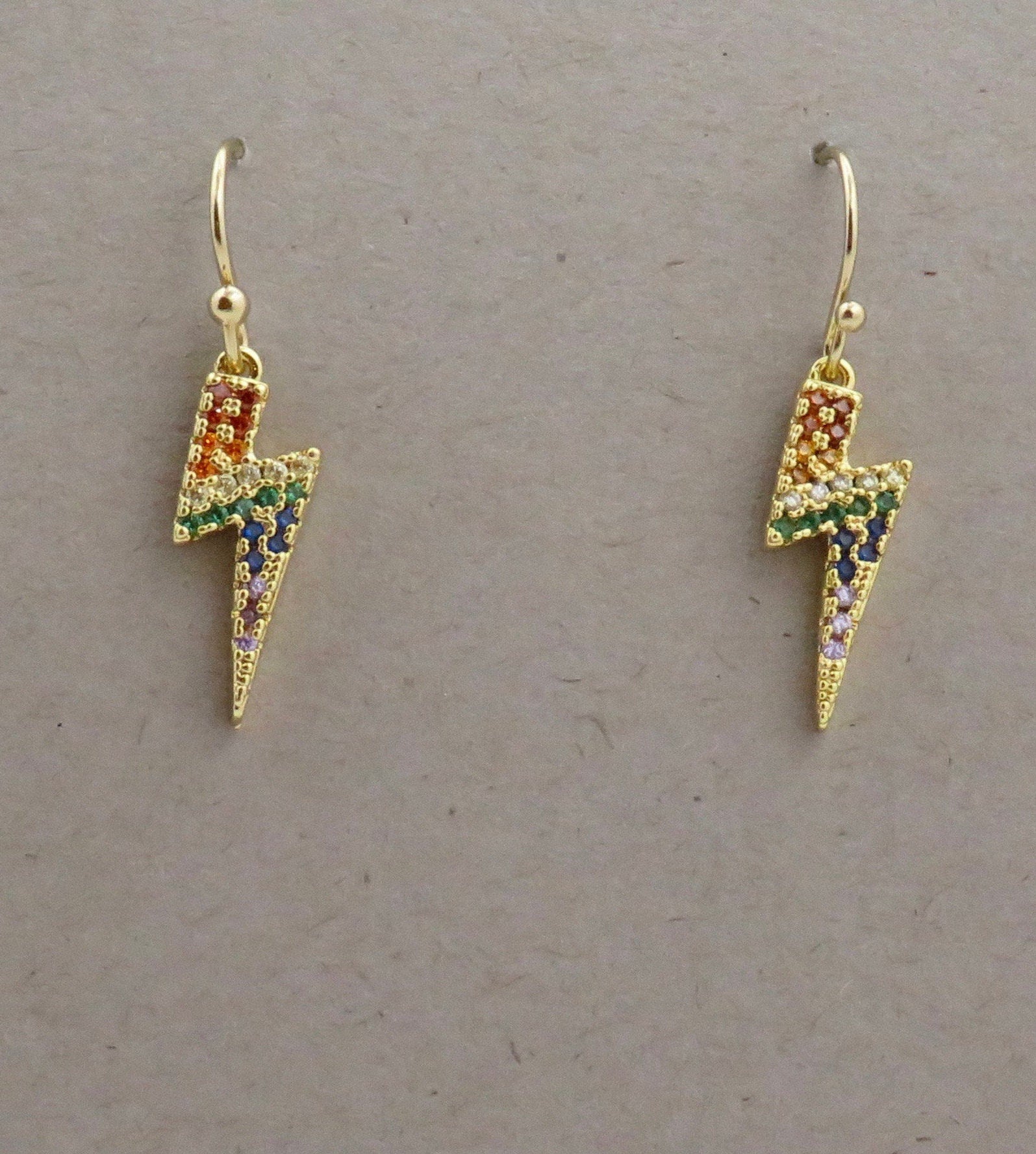 Lightning Bolt Earrings | Gold Lightning Earrings | Multicolor CZ Bolt Earrings | Sparkly Lightning Bolt Earrings | Rainbow Lightning Bolts