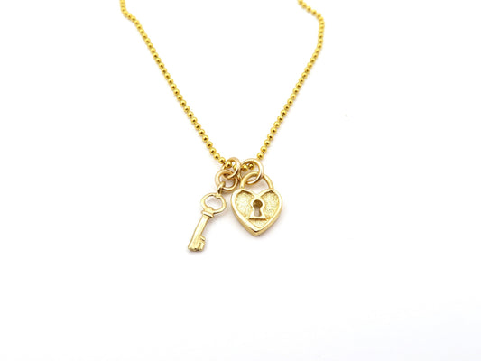 Gold Heart Lock Key Necklace | Heart and Key Charm Necklace | Delicate Gold Heart Necklace | Gold Love Lock Necklace |