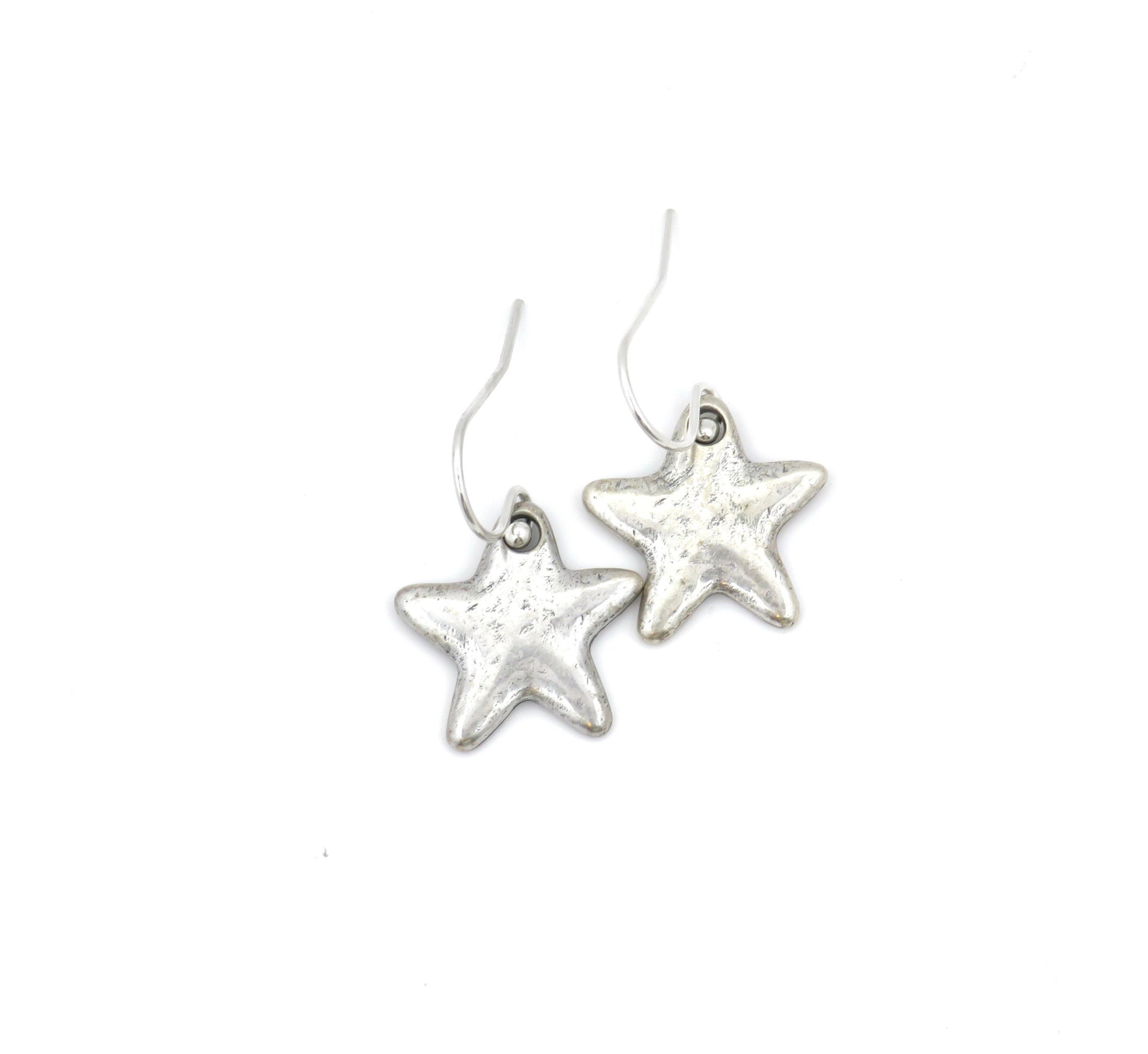 Silver Star Earrings | Rustic Star Earrings | Hammered Star Earrings | Brushed Matte Silver Star Earrings | Simple Star Pendant Earrings