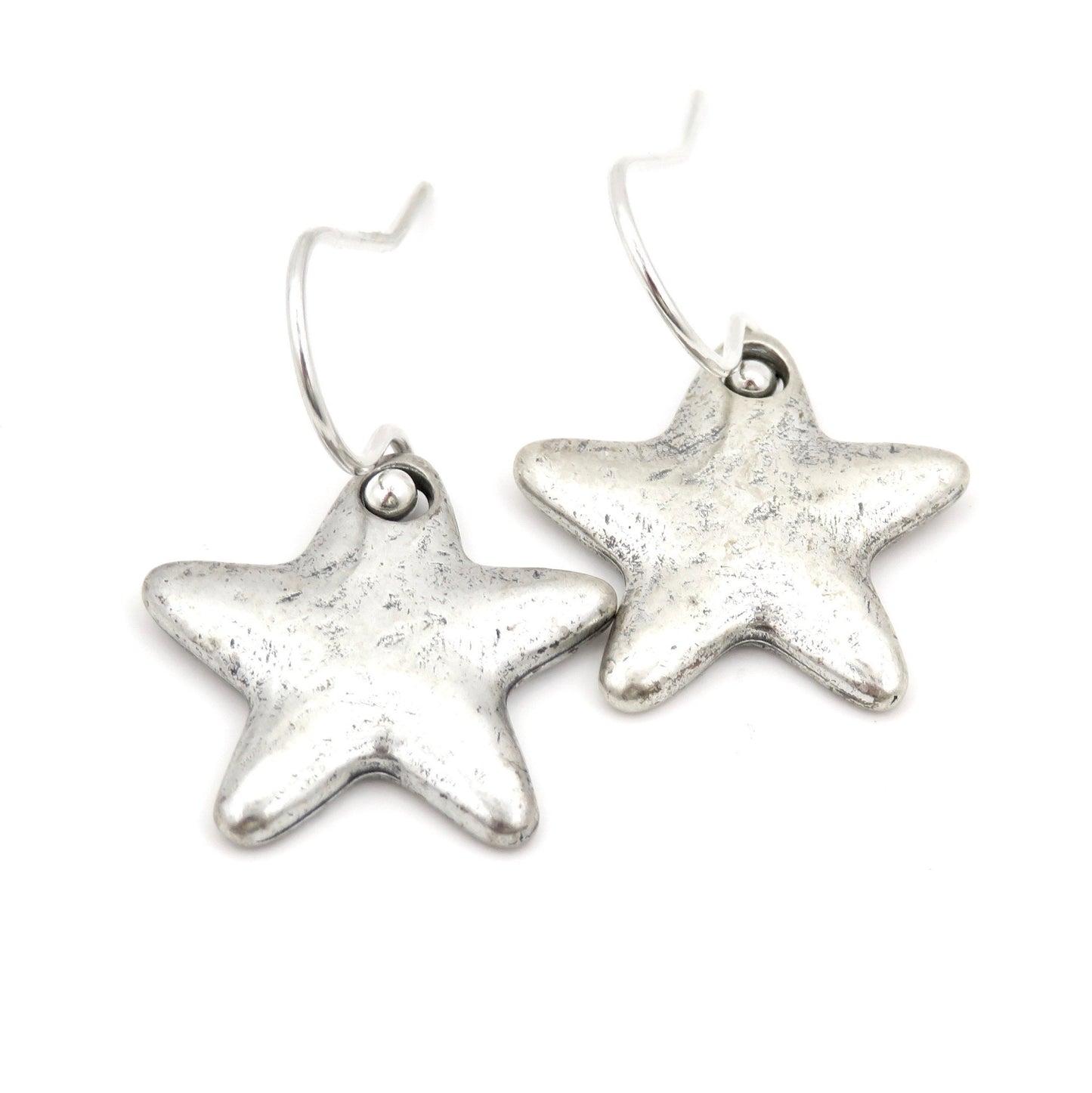 Silver Star Earrings | Rustic Star Earrings | Hammered Star Earrings | Brushed Matte Silver Star Earrings | Simple Star Pendant Earrings