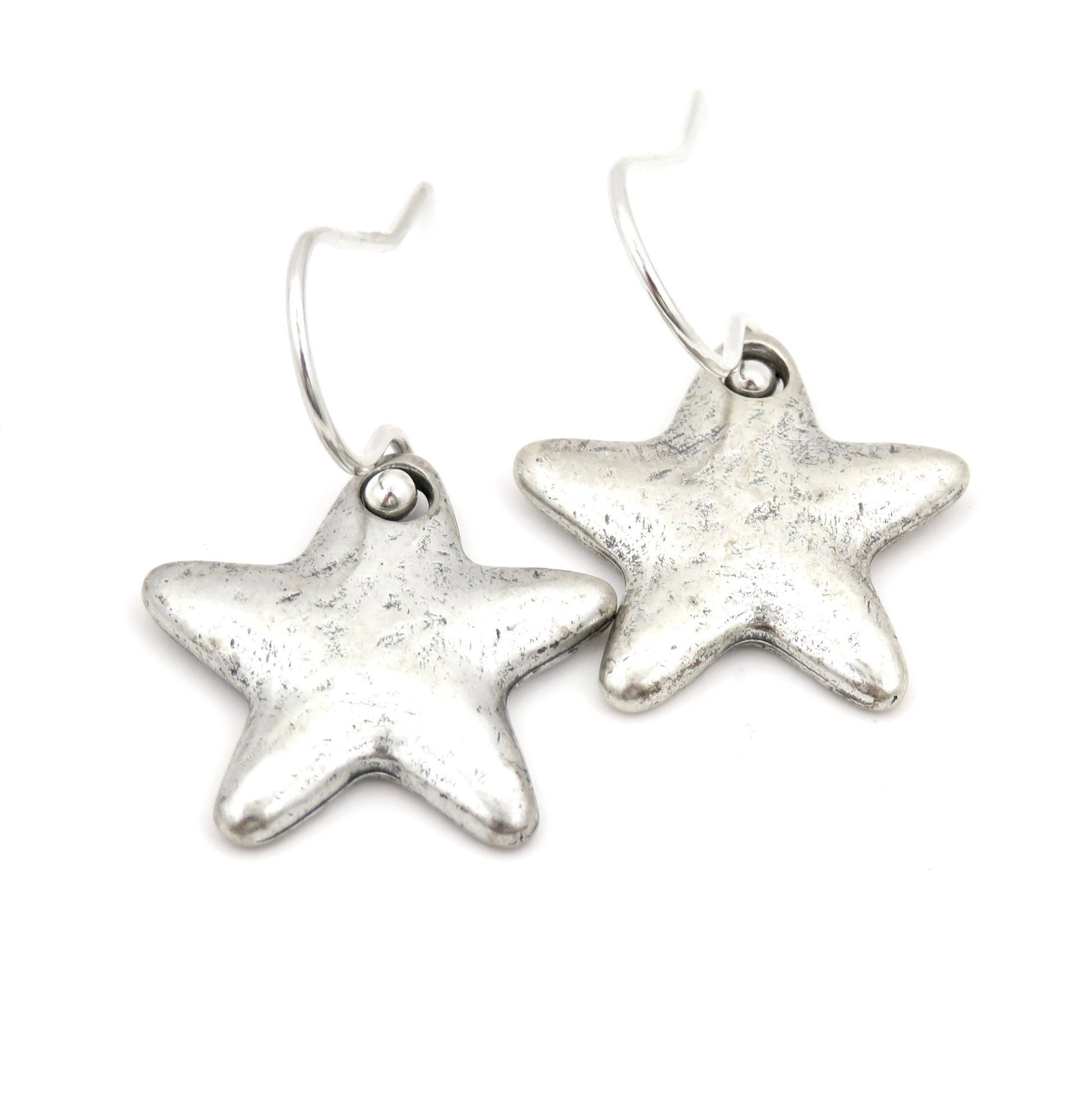 Silver Star Earrings | Rustic Star Earrings | Hammered Star Earrings | Brushed Matte Silver Star Earrings | Simple Star Pendant Earrings