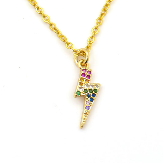 Gold Lightning Bolt Necklace | Lightning Bolt Multicolor Pendant | Sparkly Lightning Bolt Necklace | Rainbow Sparkly Lightning Pendant
