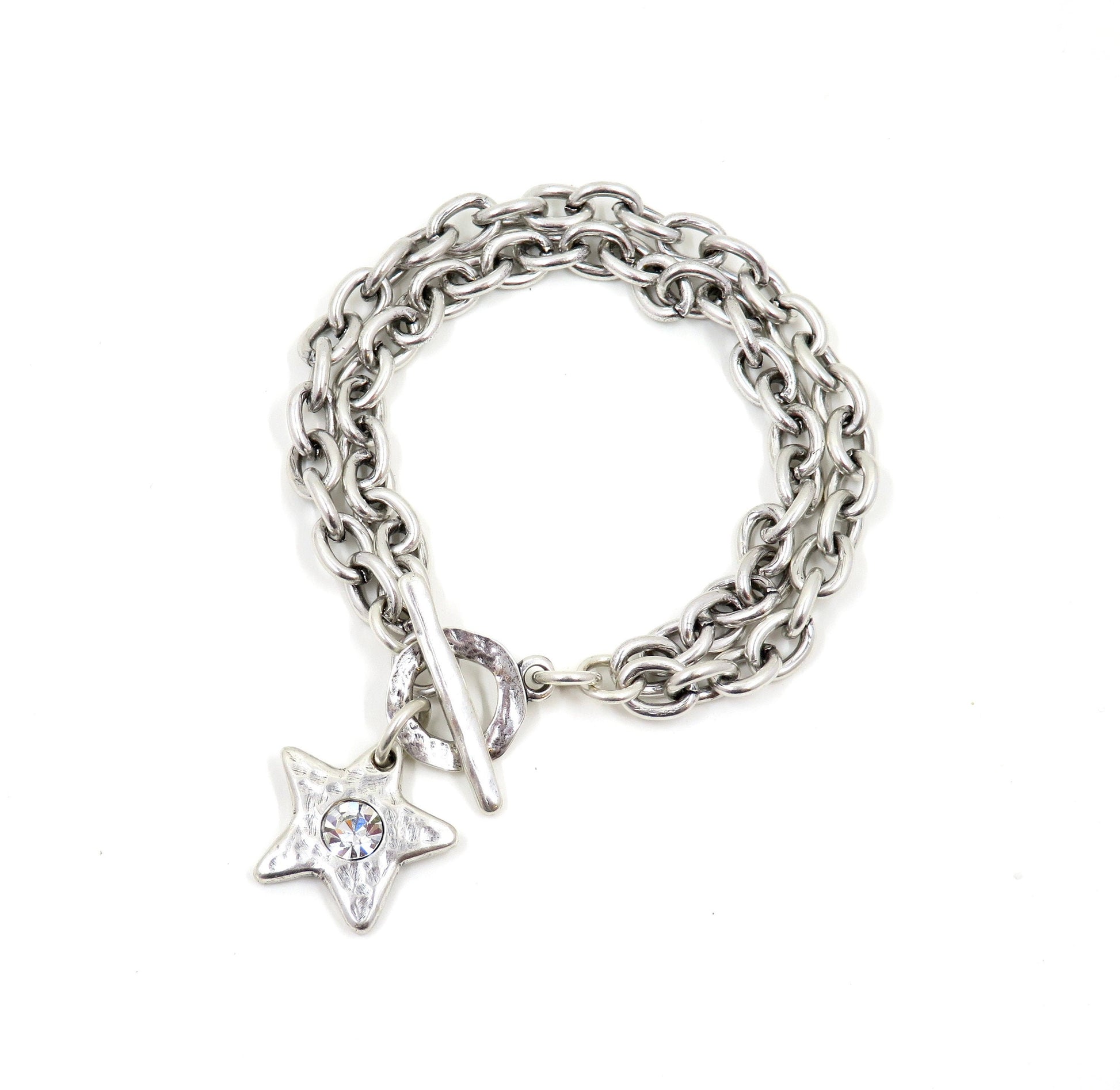 Hammered Silver Star Necklace| Sparkly Silver Star Pendant | Chunky Silver Star Necklace | Brushed Silver Star CZ Necklace | Toggle Necklace