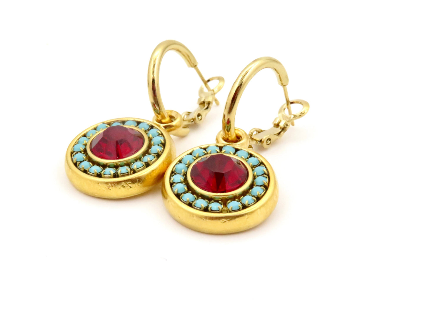 Colorful Sparkly Earrings | Turquoise Red Earring | Gold Crystal Earrings | Statement Earrings | Turquoise Gold Hoop | Pave Crystal Earrings