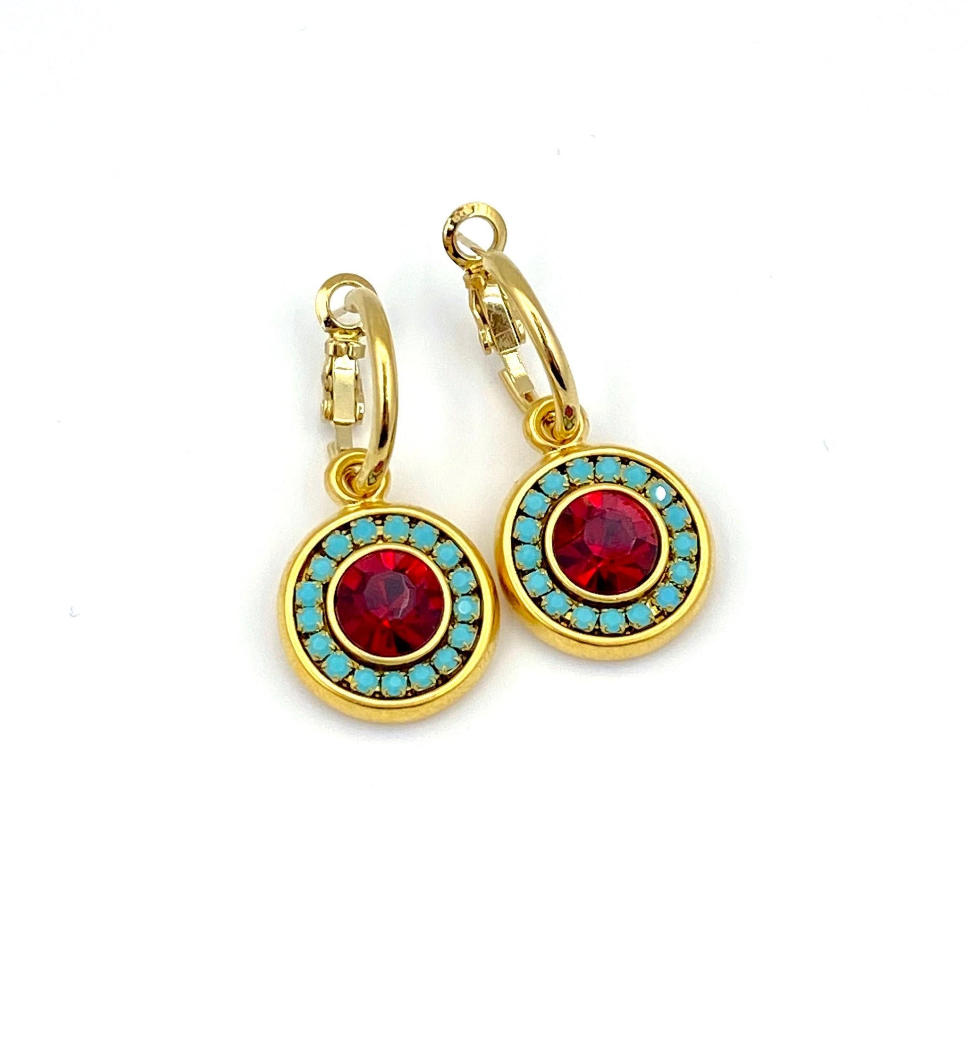 Colorful Sparkly Earrings | Turquoise Red Earring | Gold Crystal Earrings | Statement Earrings | Turquoise Gold Hoop | Pave Crystal Earrings
