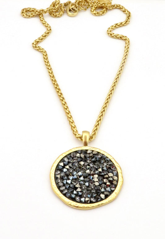 Gold Sparkly Necklace | Multi Crystal Gold Necklace | Gold and Gray Crystal Pendant | Multi Sparkles Gold Pendant | Statement necklace black