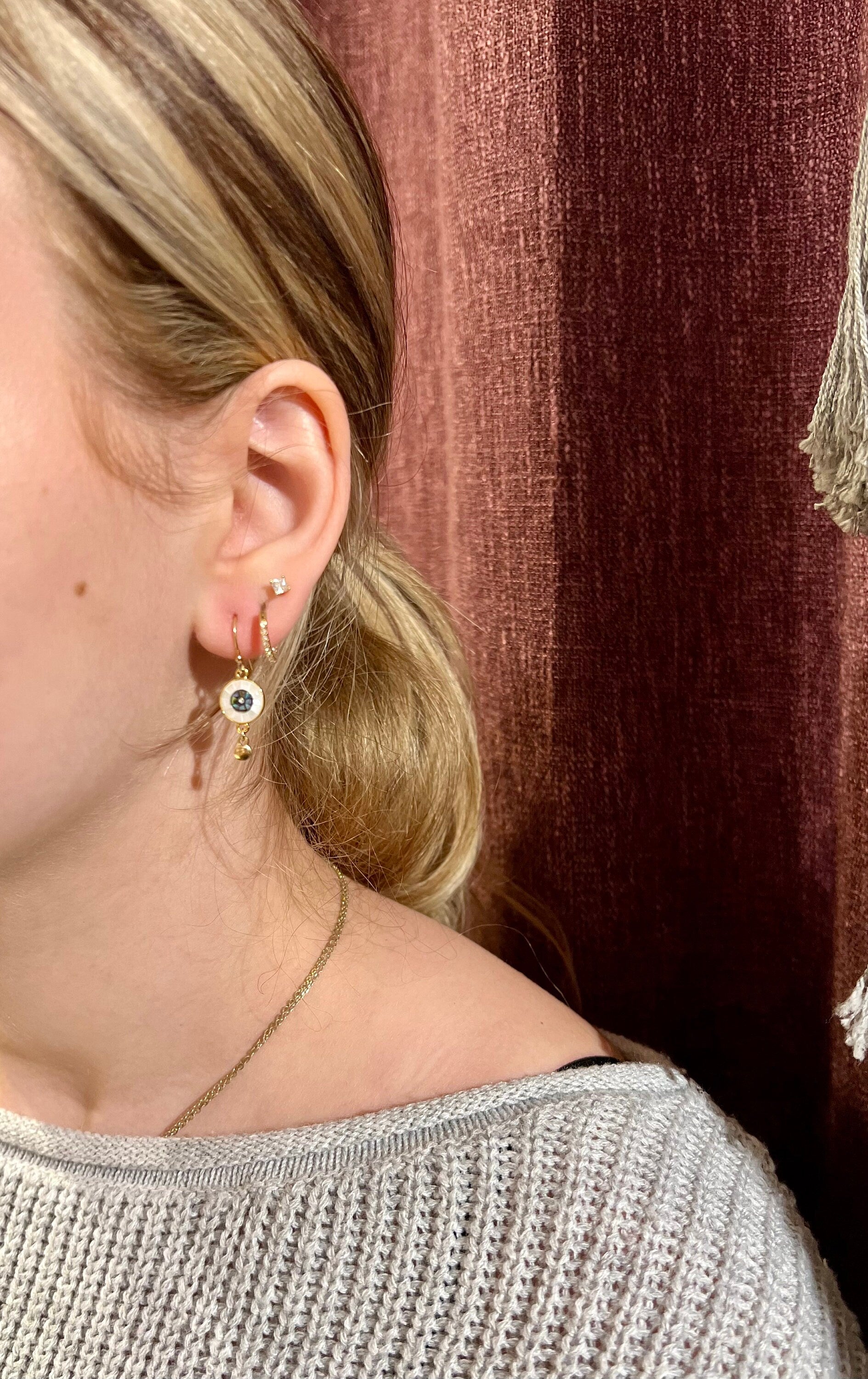 Gold Evil Eye Earrings | Pearl Eye Earrings | Mosaic Pearl Earrings | Abalone Gold Eye Earrings | Evil Eye Pearl Earrings | Eye Drop Earring