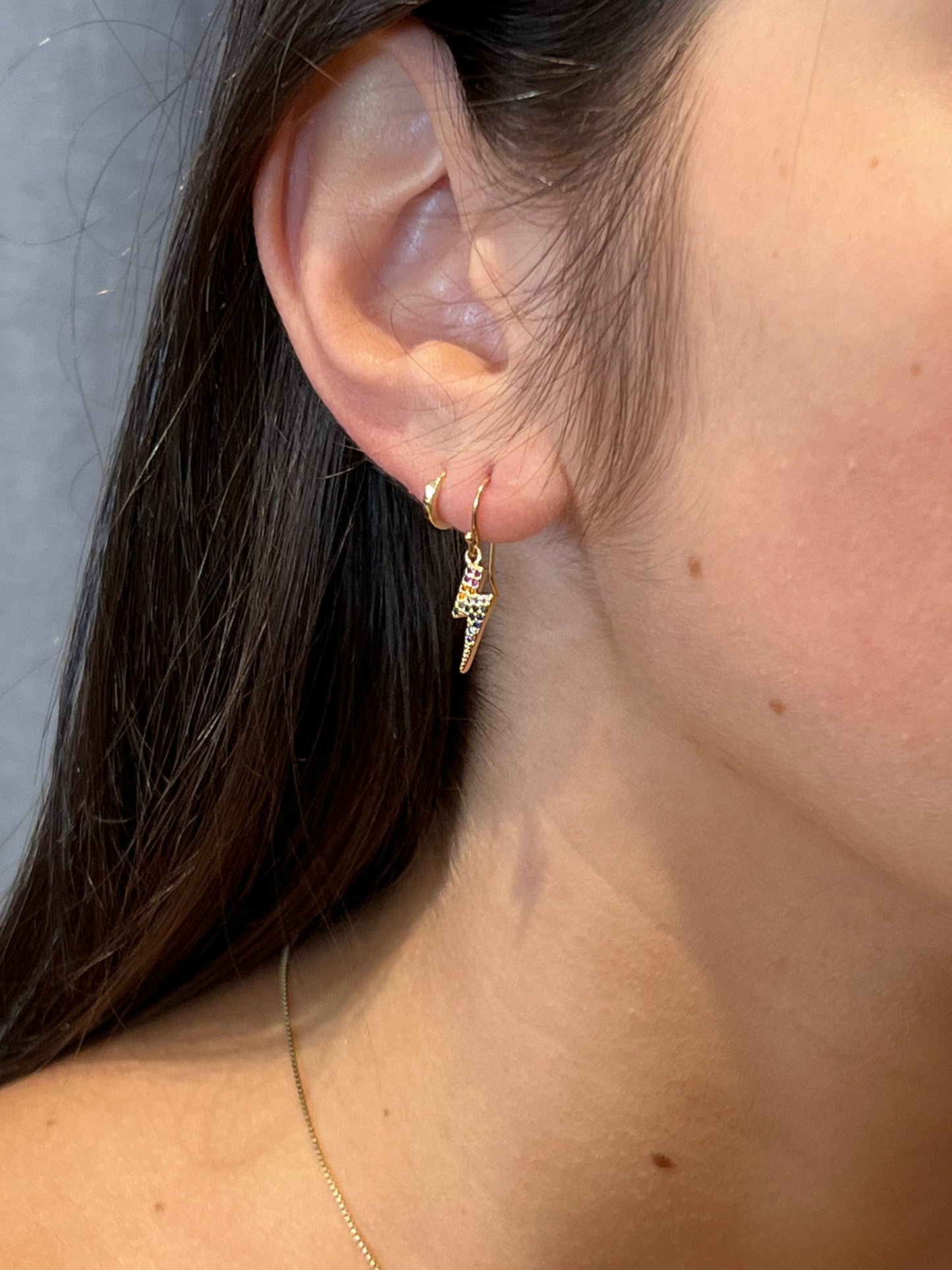 Lightning Bolt Earrings | Gold Lightning Earrings | Multicolor CZ Bolt Earrings | Sparkly Lightning Bolt Earrings | Rainbow Lightning Bolts