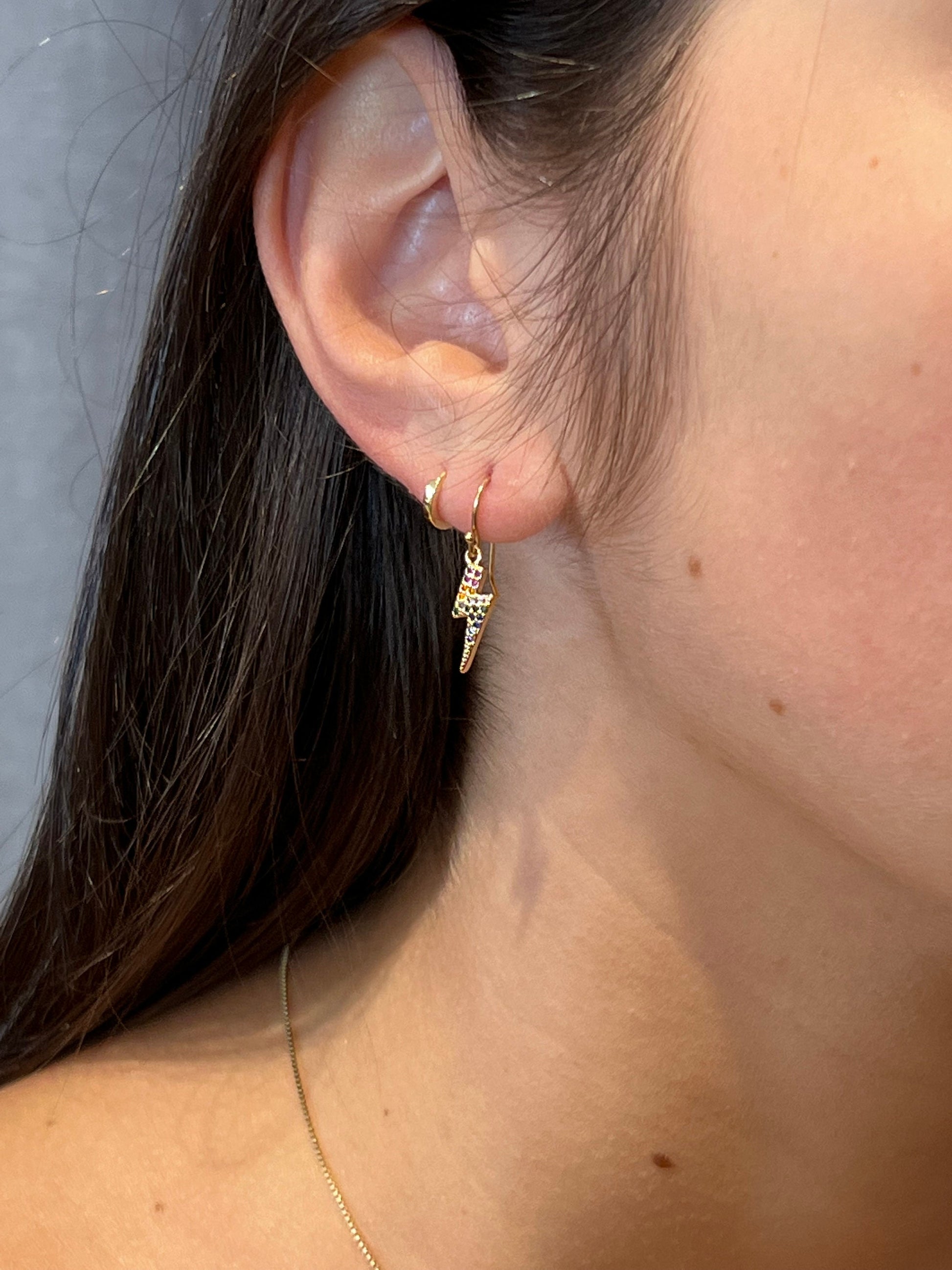 Lightning Bolt Earrings | Gold Lightning Earrings | Multicolor CZ Bolt Earrings | Sparkly Lightning Bolt Earrings | Rainbow Lightning Bolts
