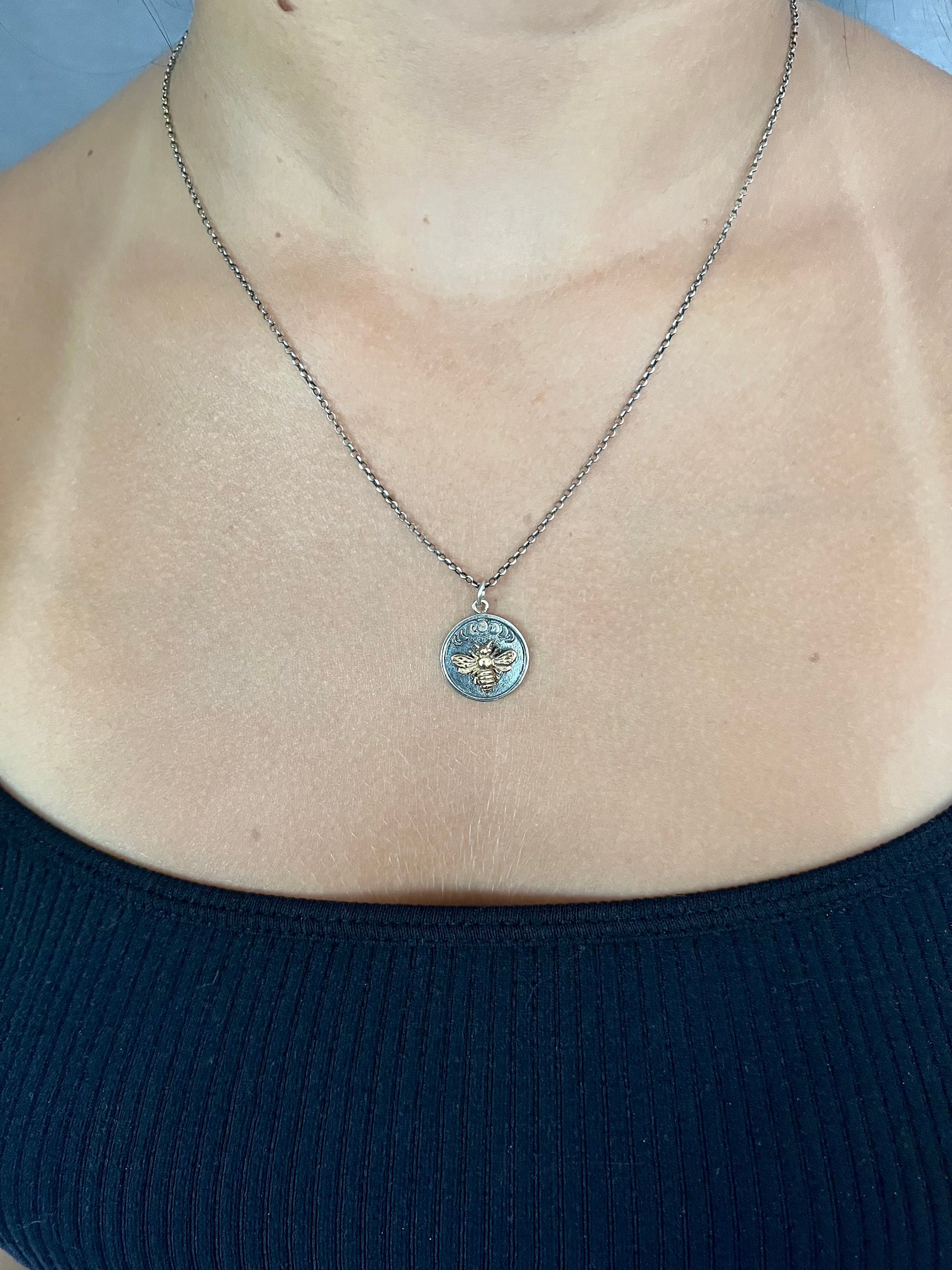 Sterling Bee Necklace | Two Tone Bee Necklace | Silver Bee Pendant | Sterling Bee Moon Necklace | Bee Medallion Necklace | Bee Moon Phases