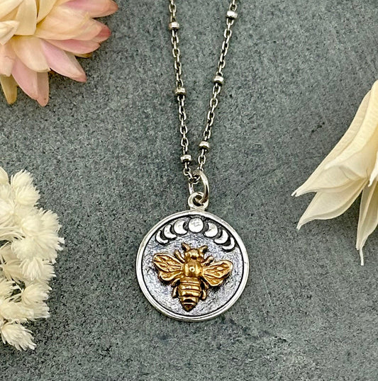 Sterling Bee Necklace | Two Tone Bee Necklace | Silver Bee Pendant | Sterling Bee Moon Necklace | Bee Medallion Necklace | Bee Moon Phases