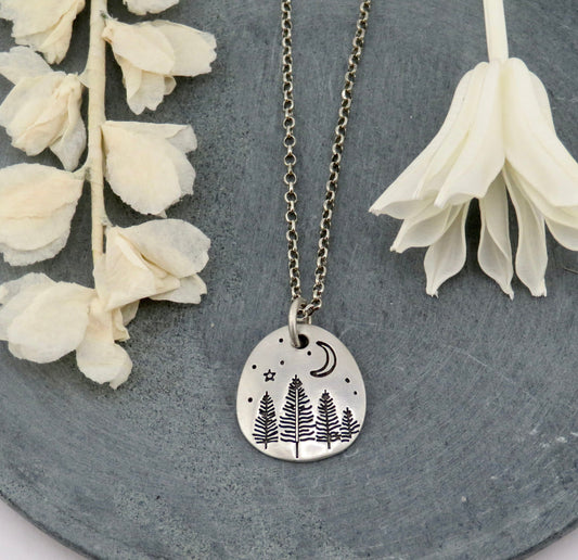 Silver Tree Necklace | Sterling Forest Pendant | Silver Moon Trees Necklace | Sterling Tree of Life Pendant | Silver Nature Lover Necklace