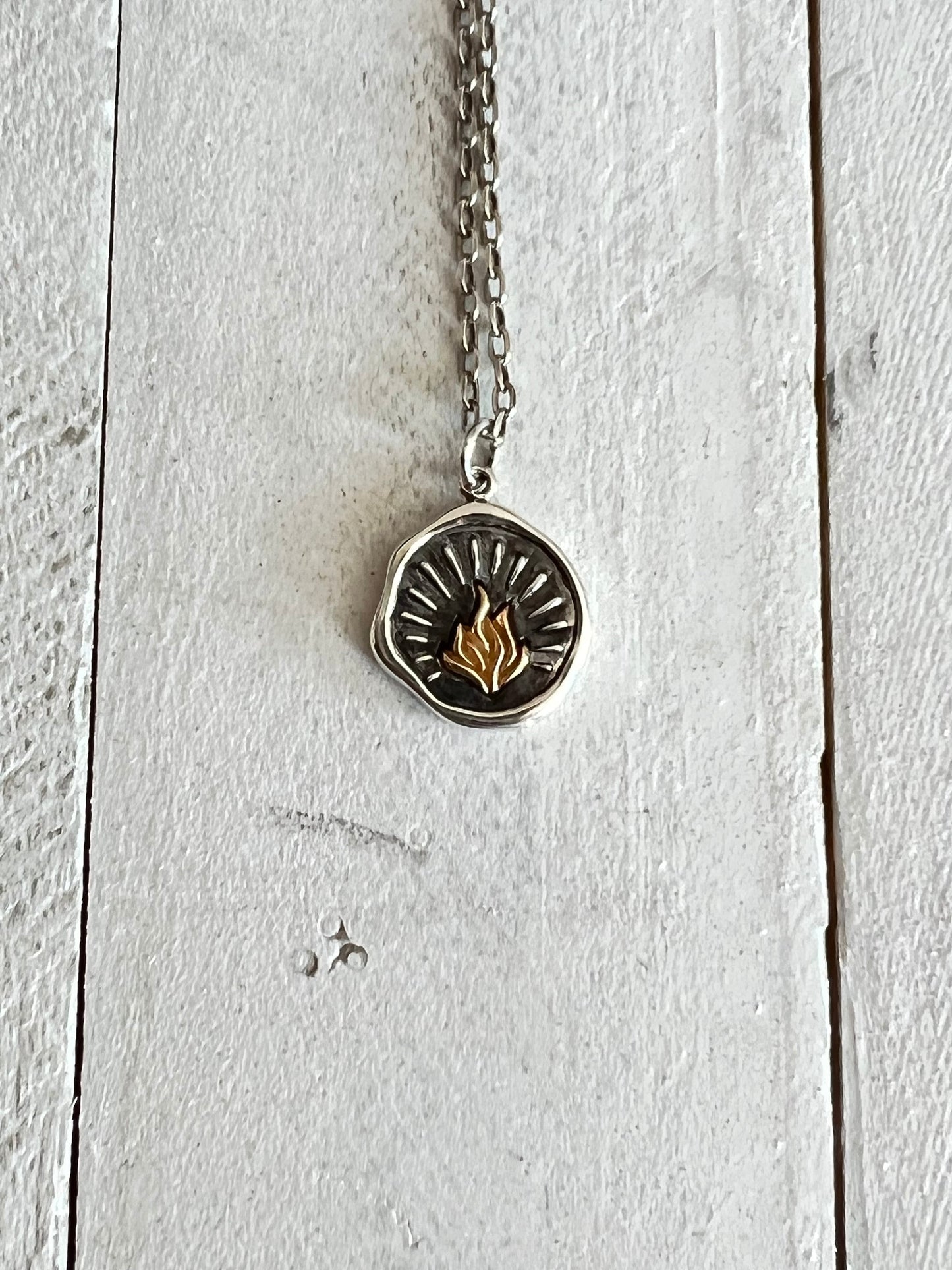 Sterling Flame Pendant | Silver Fire Necklace | Two Tone Flames Pendant | Silver Gold Fire Necklace | Fire Disc Pendant | Fire Within