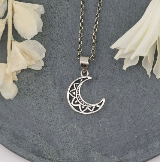 Sterling Moon Necklace, Silver Boho Moon Necklace, Sterling Moon Pendant, Silver Fancy Moon Necklace, Unique Silver Moon Necklace