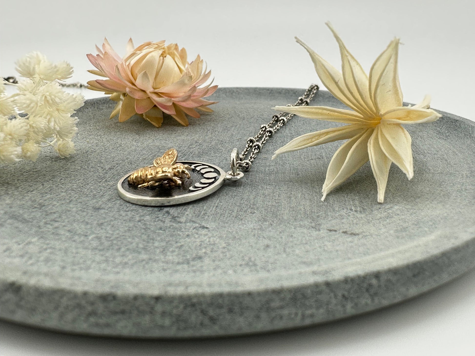 Sterling Bee Necklace | Two Tone Bee Necklace | Silver Bee Pendant | Sterling Bee Moon Necklace | Bee Medallion Necklace | Bee Moon Phases