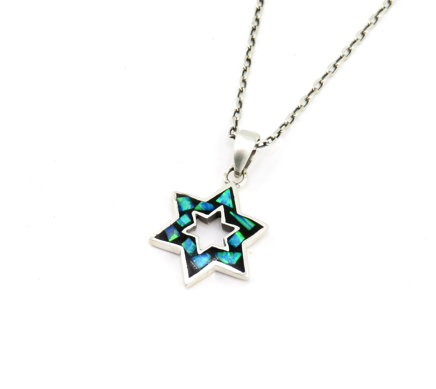 Jewish Star Necklace | Star of David Necklace | Sterling Opal Star Pendant | Judaic Necklace | Mosaic Opal Jewish Star Necklace