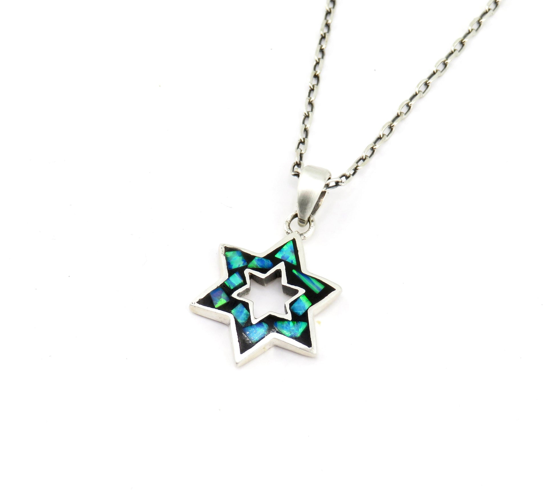 Jewish Star Necklace | Star of David Necklace | Sterling Opal Star Pendant | Judaic Necklace | Mosaic Opal Jewish Star Necklace