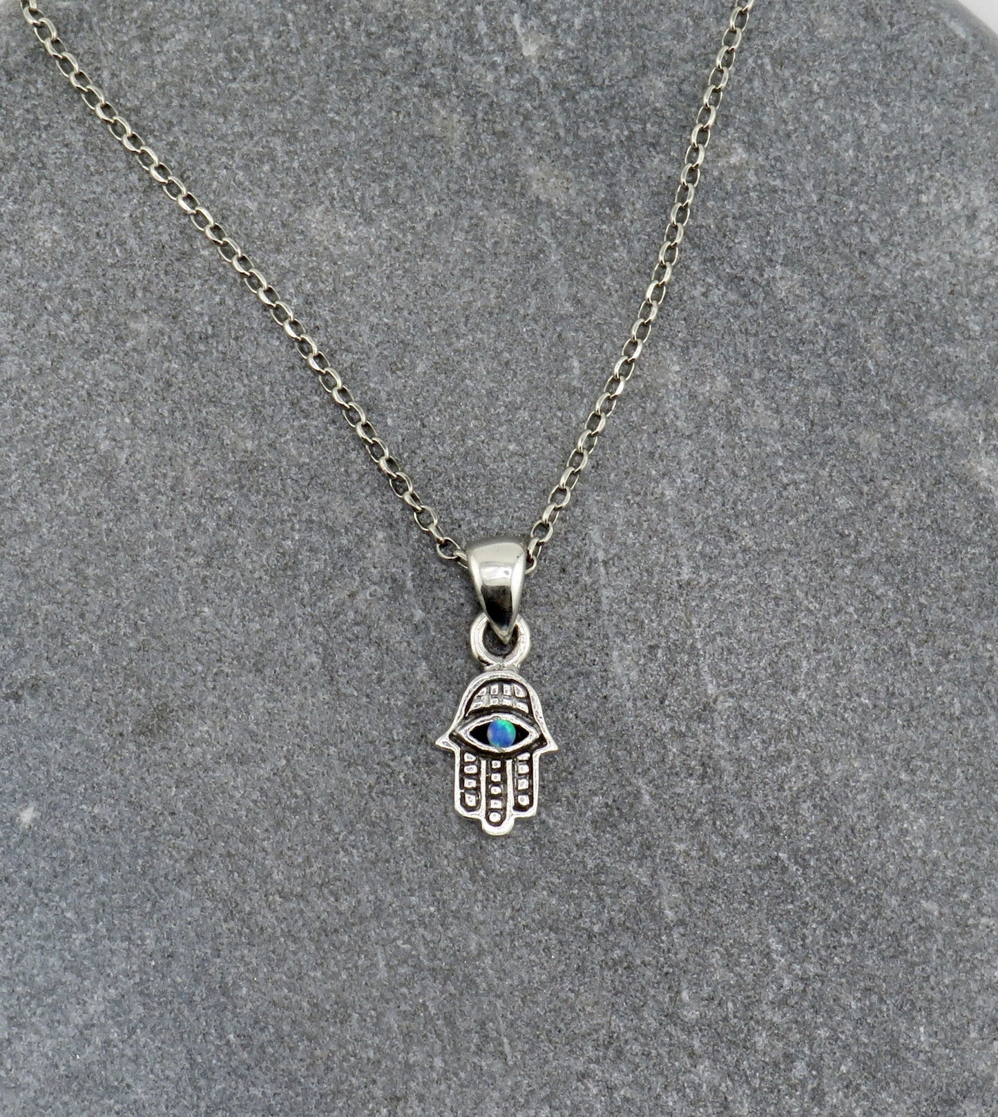 Sterling Hamsa Opal Necklace | Silver Hamsa Eye Pendant | Rustic Small Hand Necklace | Opal Silver Hamsa Pendant | Silver Evil Eye Necklace