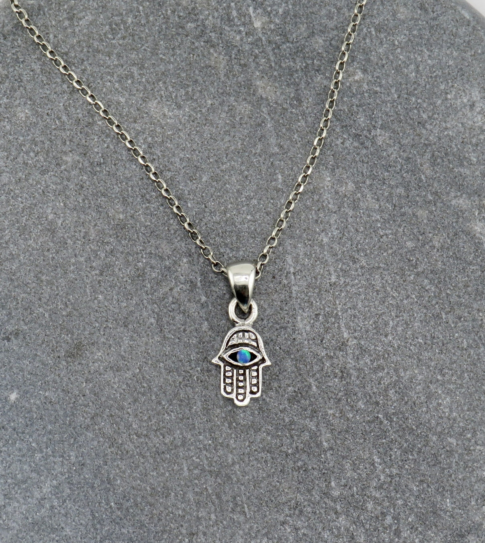 Sterling Hamsa Opal Necklace | Silver Hamsa Eye Pendant | Rustic Small Hand Necklace | Opal Silver Hamsa Pendant | Silver Evil Eye Necklace