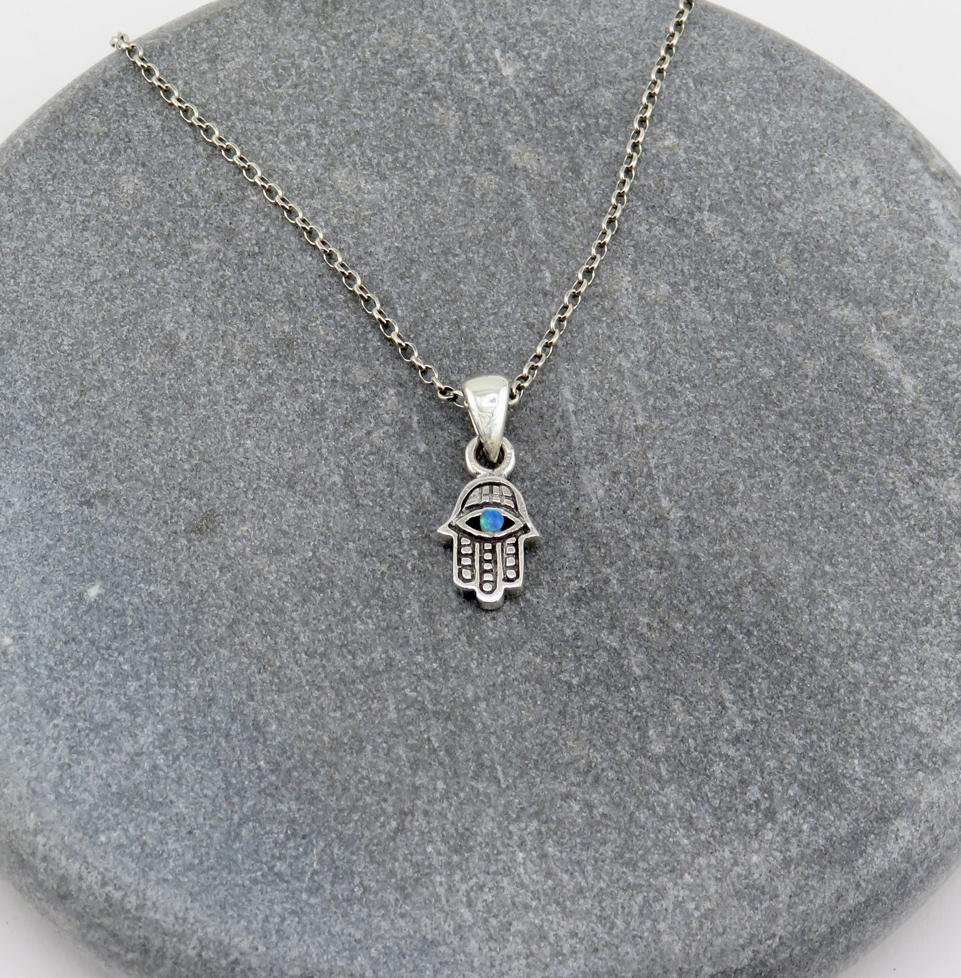 Sterling Hamsa Opal Necklace | Silver Hamsa Eye Pendant | Rustic Small Hand Necklace | Opal Silver Hamsa Pendant | Silver Evil Eye Necklace