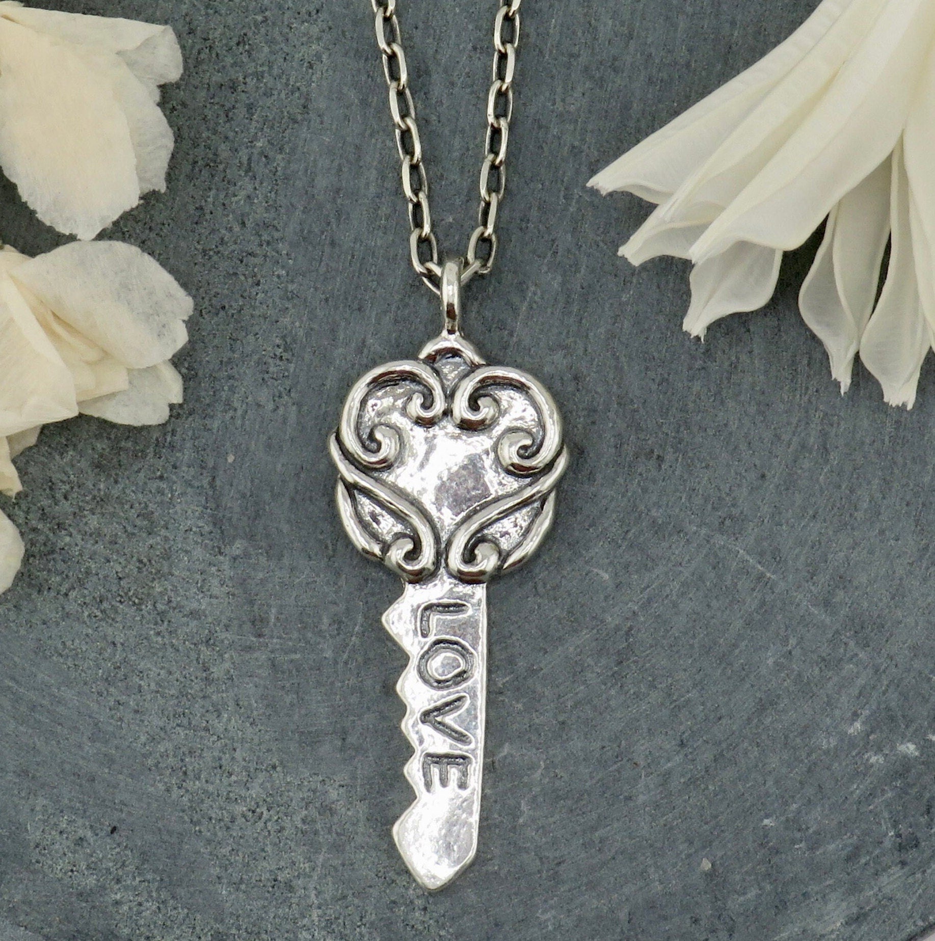 Silver Key Necklace | Sterling Key Pendant | Silver Key Love Necklace | Sterling Key To Heart Necklace | Romantic Silver Key Pendant