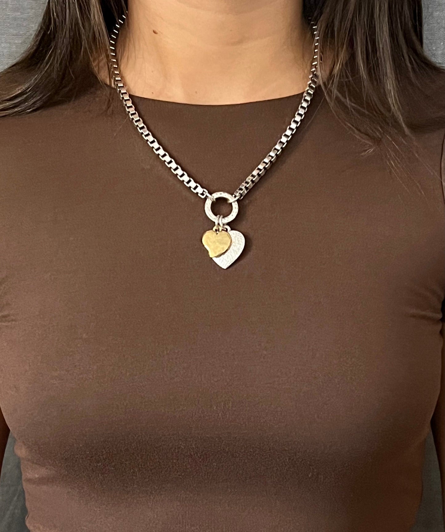 Chunky Two-Tone Heart Necklace | Antique Bronze and Silver Hearts Necklace | Chunky Heart Charm Necklace | Silver Gold Hearts Necklace