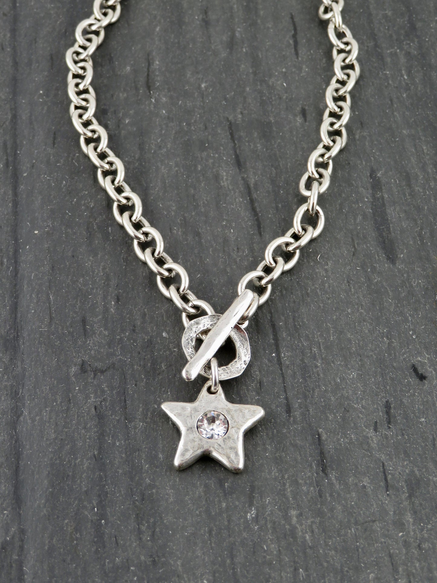 Hammered Silver Star Necklace| Sparkly Silver Star Pendant | Chunky Silver Star Necklace | Brushed Silver Star CZ Necklace | Toggle Necklace