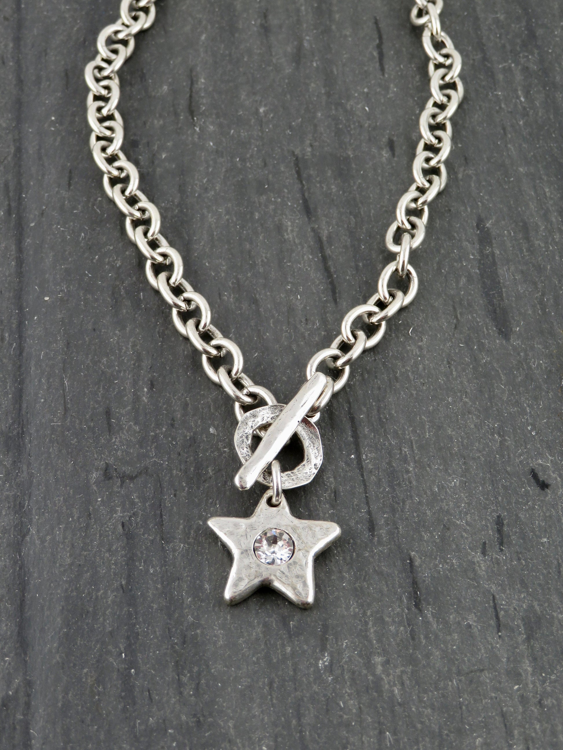 Hammered Silver Star Necklace| Sparkly Silver Star Pendant | Chunky Silver Star Necklace | Brushed Silver Star CZ Necklace | Toggle Necklace