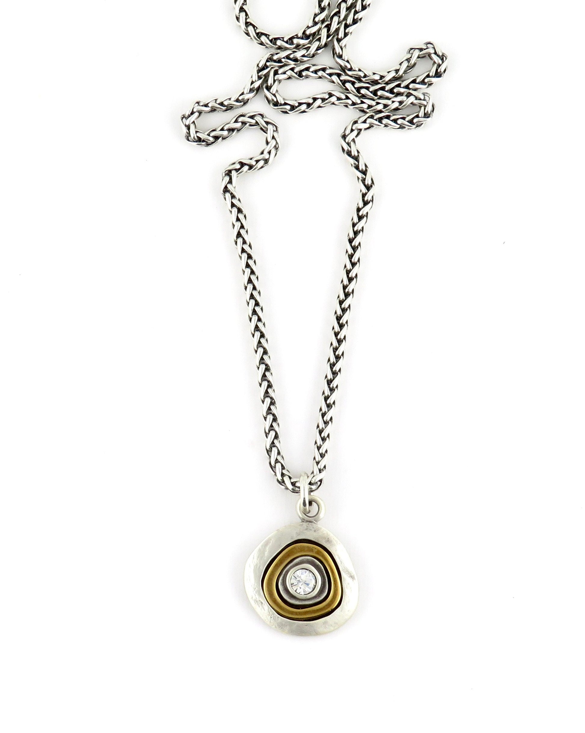 Two Tone Crystal Pendant | Gold Silver Necklace | Mixed Metal cz Necklace | Two Toned Medallion Pendant | Mixed Metal Crystal Necklace