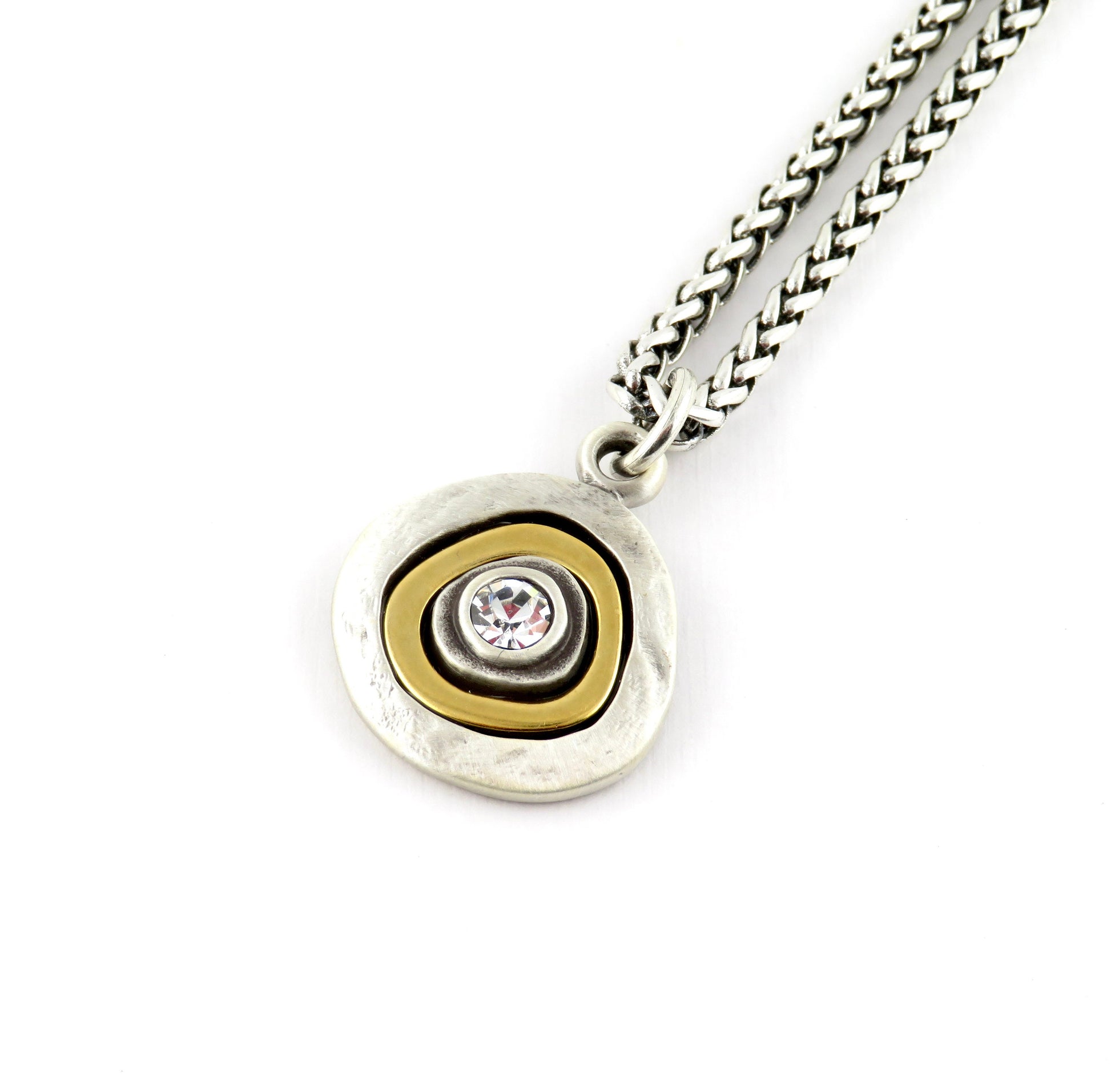 Two Tone Crystal Pendant | Gold Silver Necklace | Mixed Metal cz Necklace | Two Toned Medallion Pendant | Mixed Metal Crystal Necklace