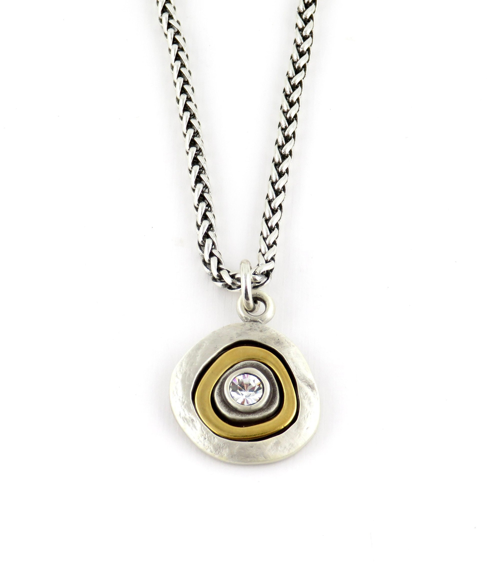 Two Tone Crystal Pendant | Gold Silver Necklace | Mixed Metal cz Necklace | Two Toned Medallion Pendant | Mixed Metal Crystal Necklace