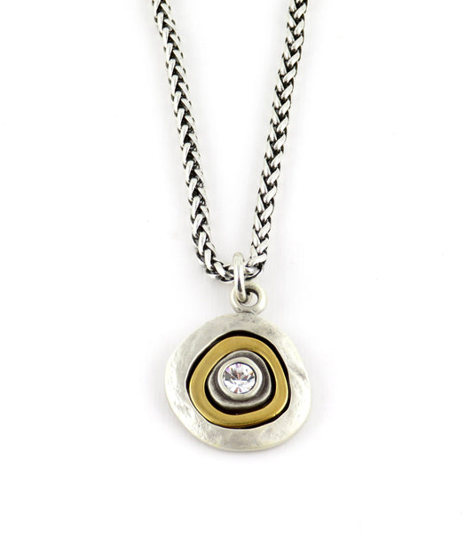 Two Tone Crystal Pendant | Gold Silver Necklace | Mixed Metal cz Necklace | Two Toned Medallion Pendant | Mixed Metal Crystal Necklace