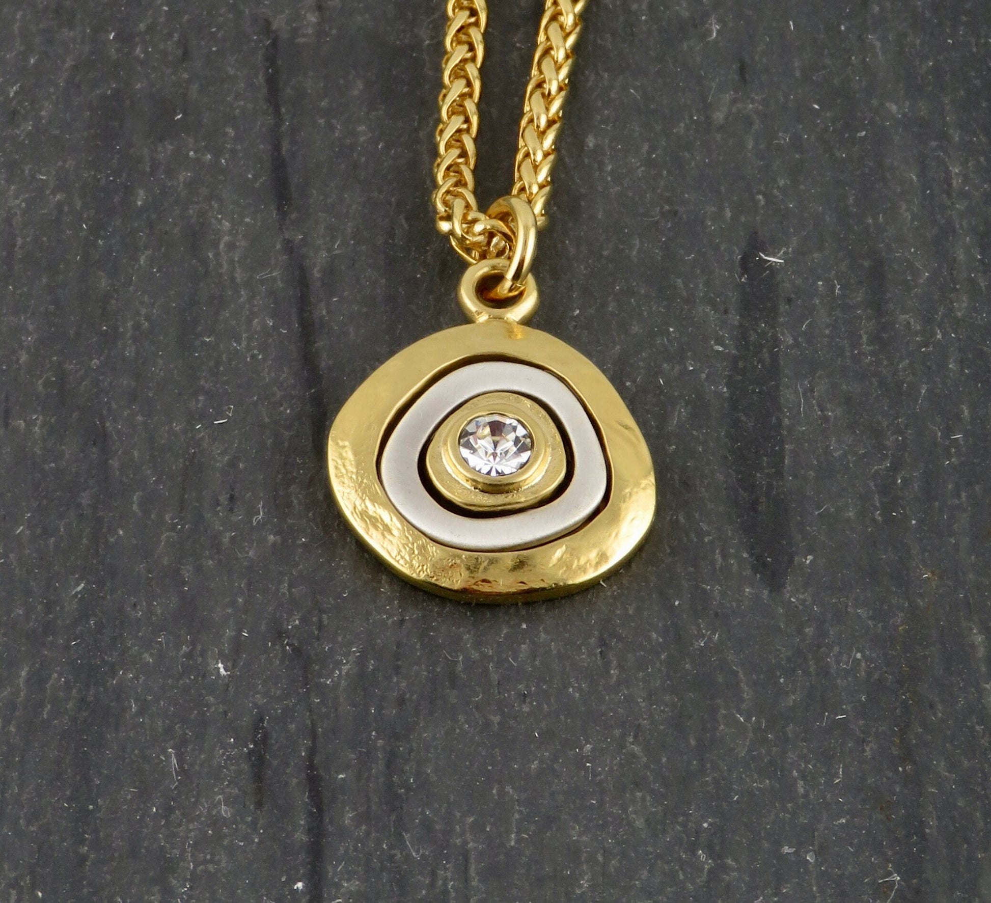 Gold Crystal Pendant | Two Tone Necklace | Mixed metal cz Necklace | Two Toned Medallion Pendant | Gold Mixed Metals Necklace