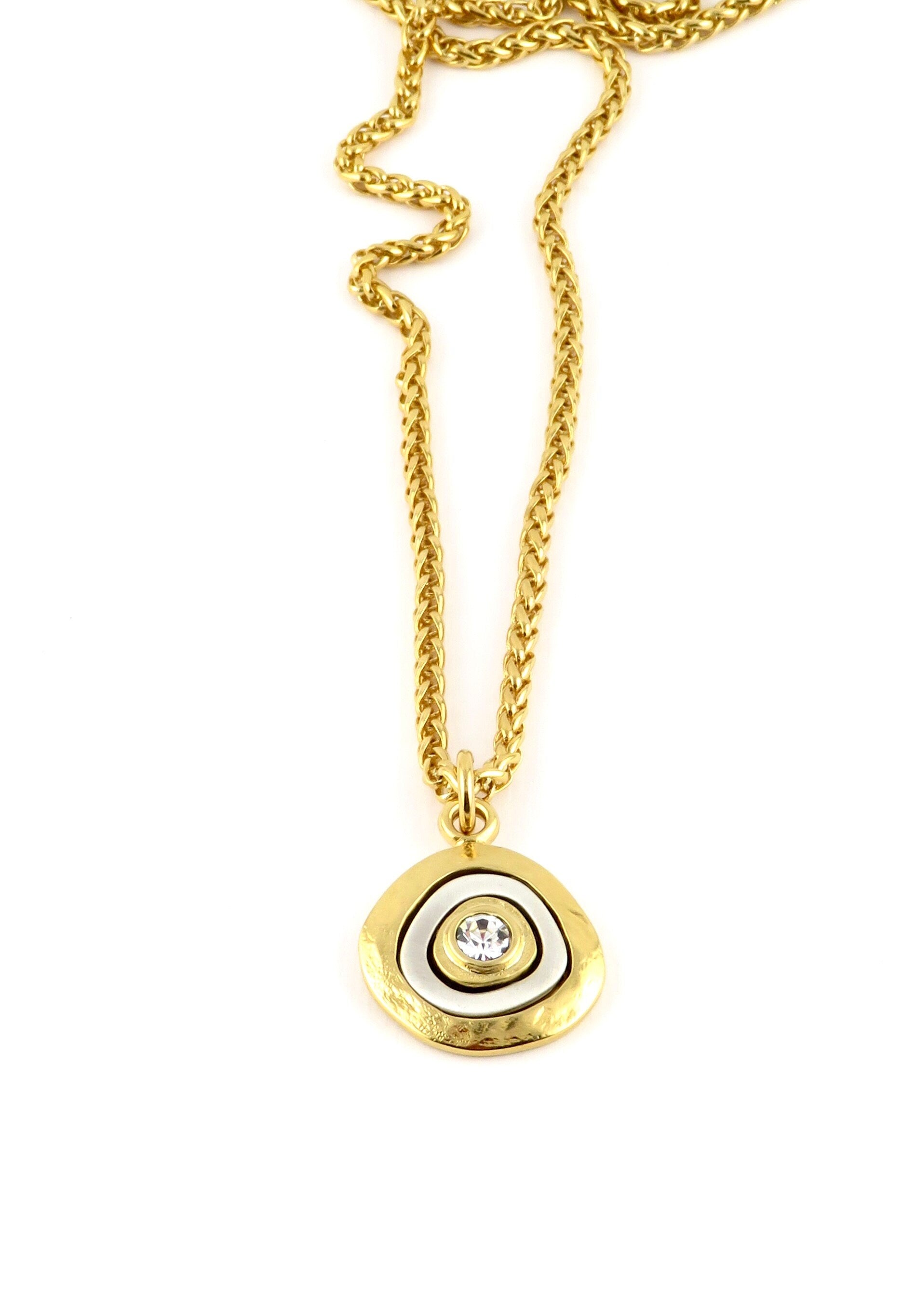 Gold Crystal Pendant | Two Tone Necklace | Mixed metal cz Necklace | Two Toned Medallion Pendant | Gold Mixed Metals Necklace