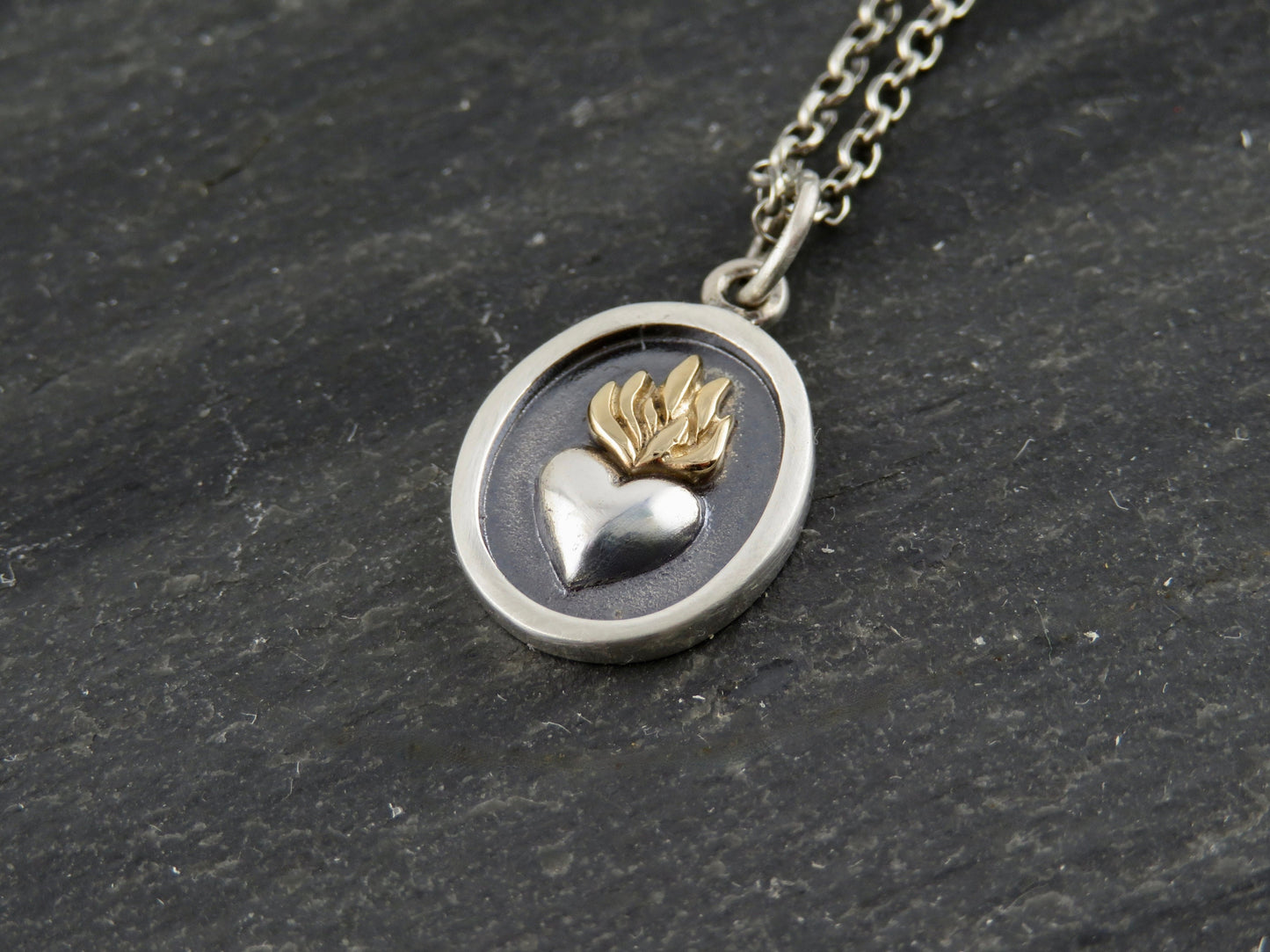 Two Tone Heart Necklace | Silver Gold Heart on Fire Pendant | Mixed Metal Heart Flame Necklace | Heart Fire Sterling Necklace | Heart Flame