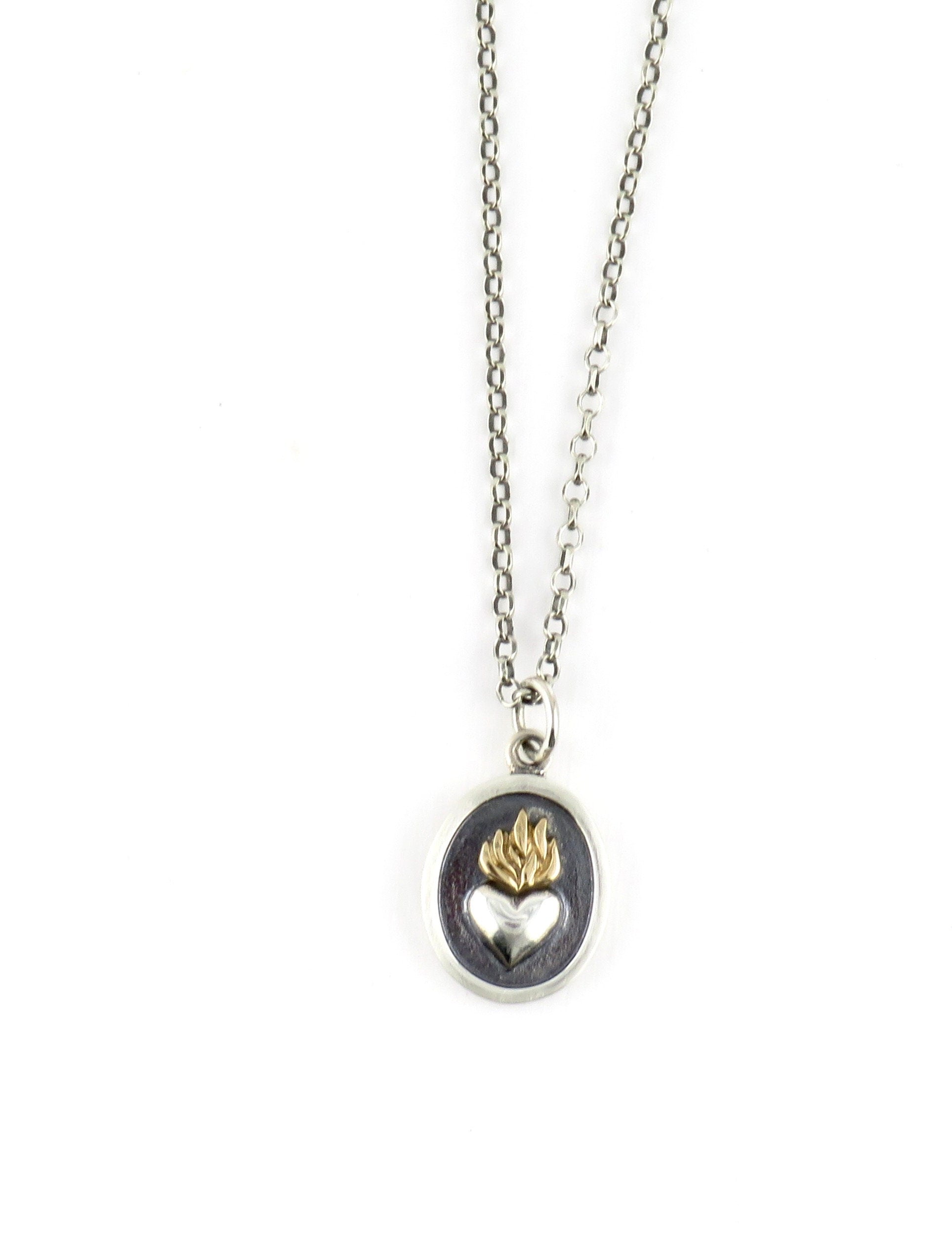 Two Tone Heart Necklace | Silver Gold Heart on Fire Pendant | Mixed Metal Heart Flame Necklace | Heart Fire Sterling Necklace | Heart Flame