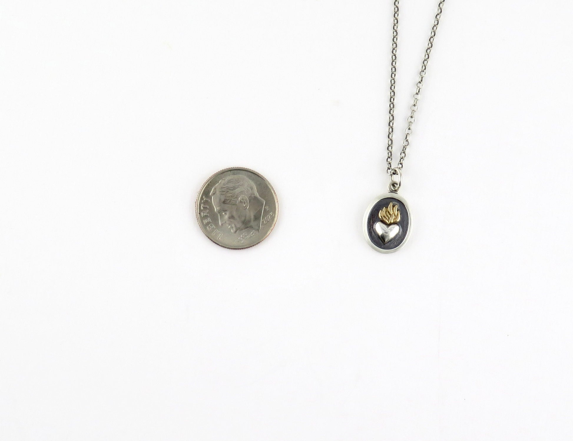 Two Tone Heart Necklace | Silver Gold Heart on Fire Pendant | Mixed Metal Heart Flame Necklace | Heart Fire Sterling Necklace | Heart Flame