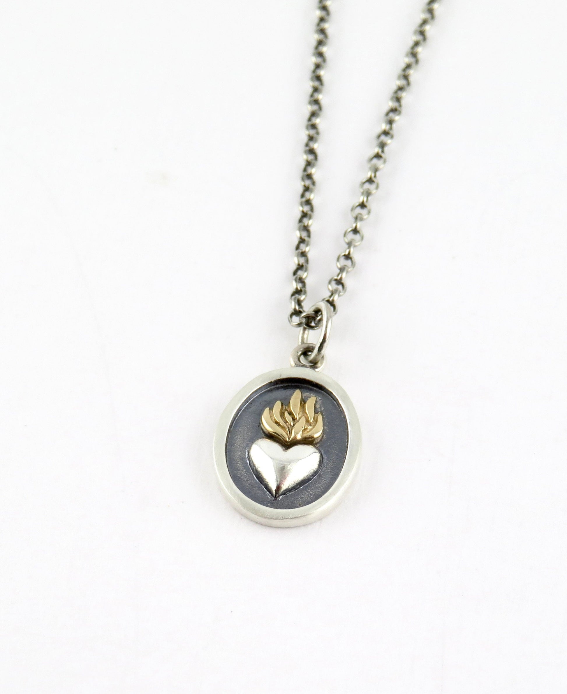 Two Tone Heart Necklace | Silver Gold Heart on Fire Pendant | Mixed Metal Heart Flame Necklace | Heart Fire Sterling Necklace | Heart Flame