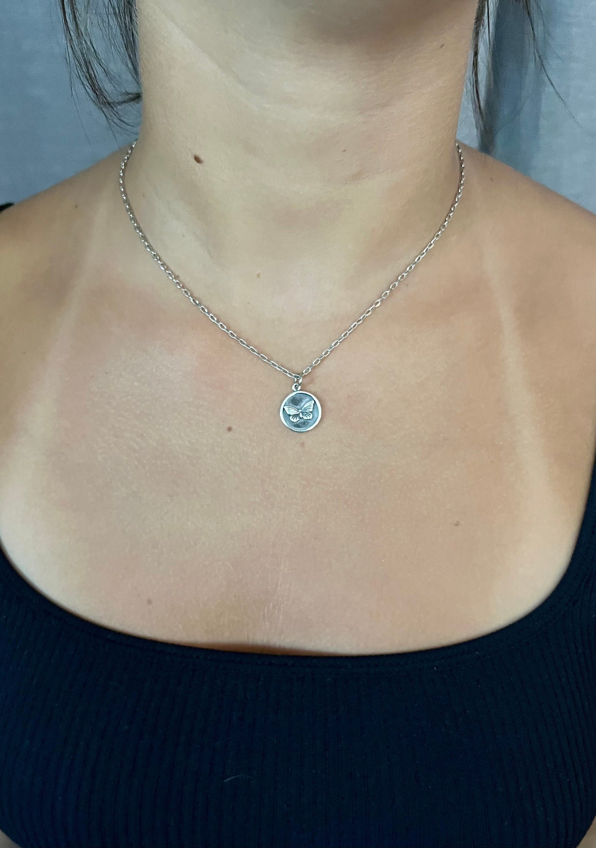 Sterling Butterfly Necklace | Butterfly Coin Pendant | Silver Butterfly Pendant | Sterling Butterfly Medallion | Rustic Butterfly Necklace