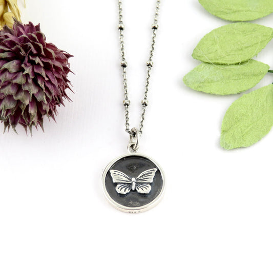 Sterling Butterfly Necklace | Butterfly Coin Pendant | Silver Butterfly Pendant | Sterling Butterfly Medallion | Rustic Butterfly Necklace