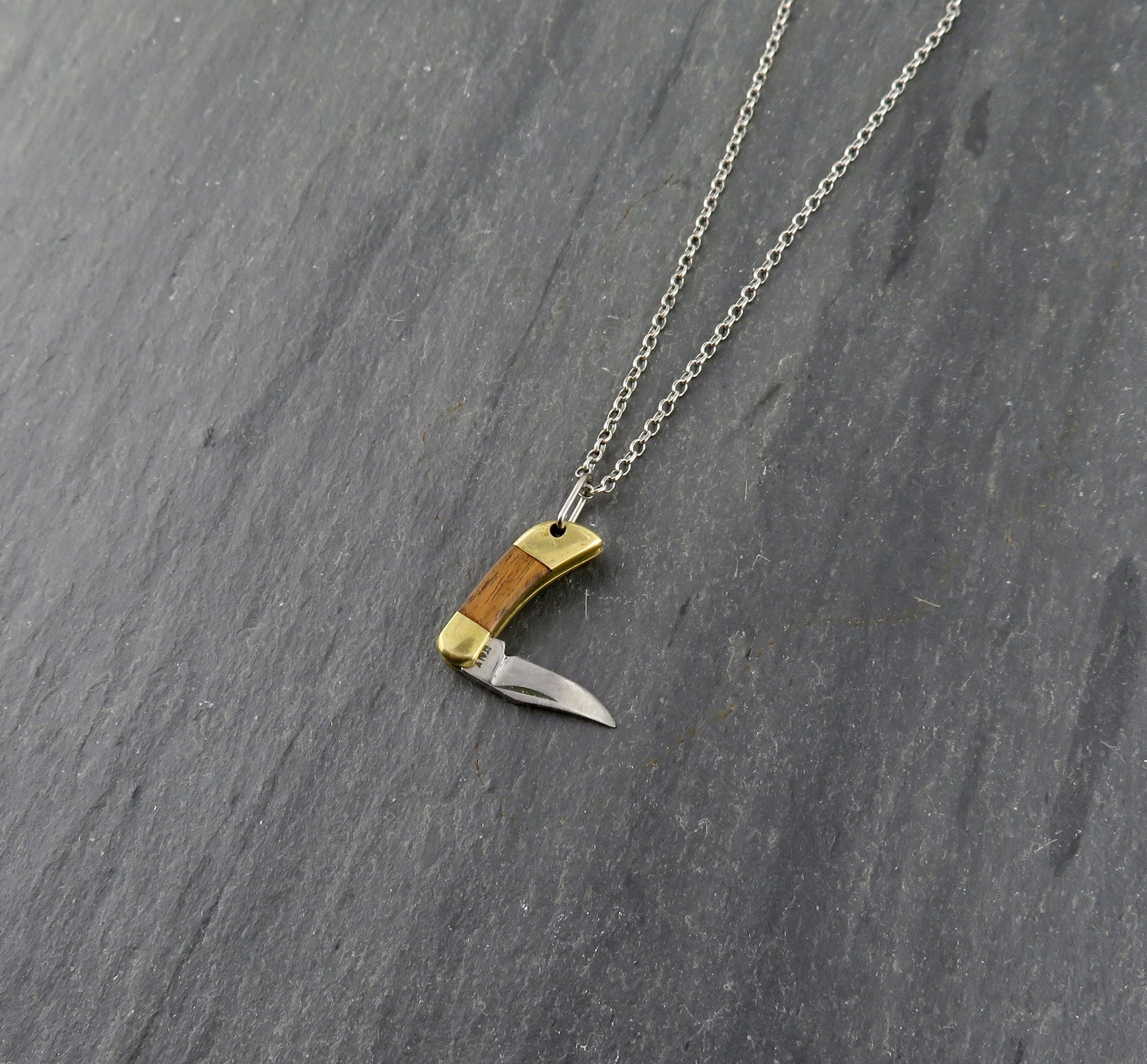 Tiny knife Necklace | Mini Knife Pendant | Small Gold Knife Necklace | Mini Pocketknife Pendant | Brass Walnut Wood Knife Necklace