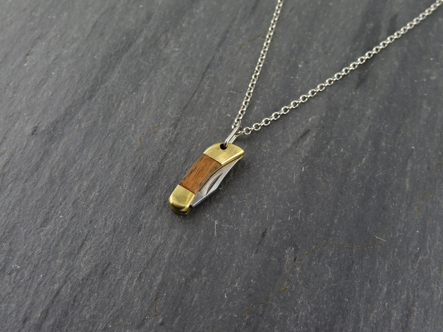 Tiny knife Necklace | Mini Knife Pendant | Small Gold Knife Necklace | Mini Pocketknife Pendant | Brass Walnut Wood Knife Necklace