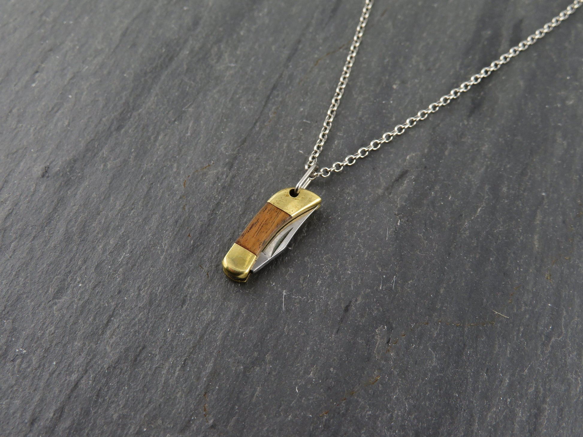 Tiny knife Necklace | Mini Knife Pendant | Small Gold Knife Necklace | Mini Pocketknife Pendant | Brass Walnut Wood Knife Necklace