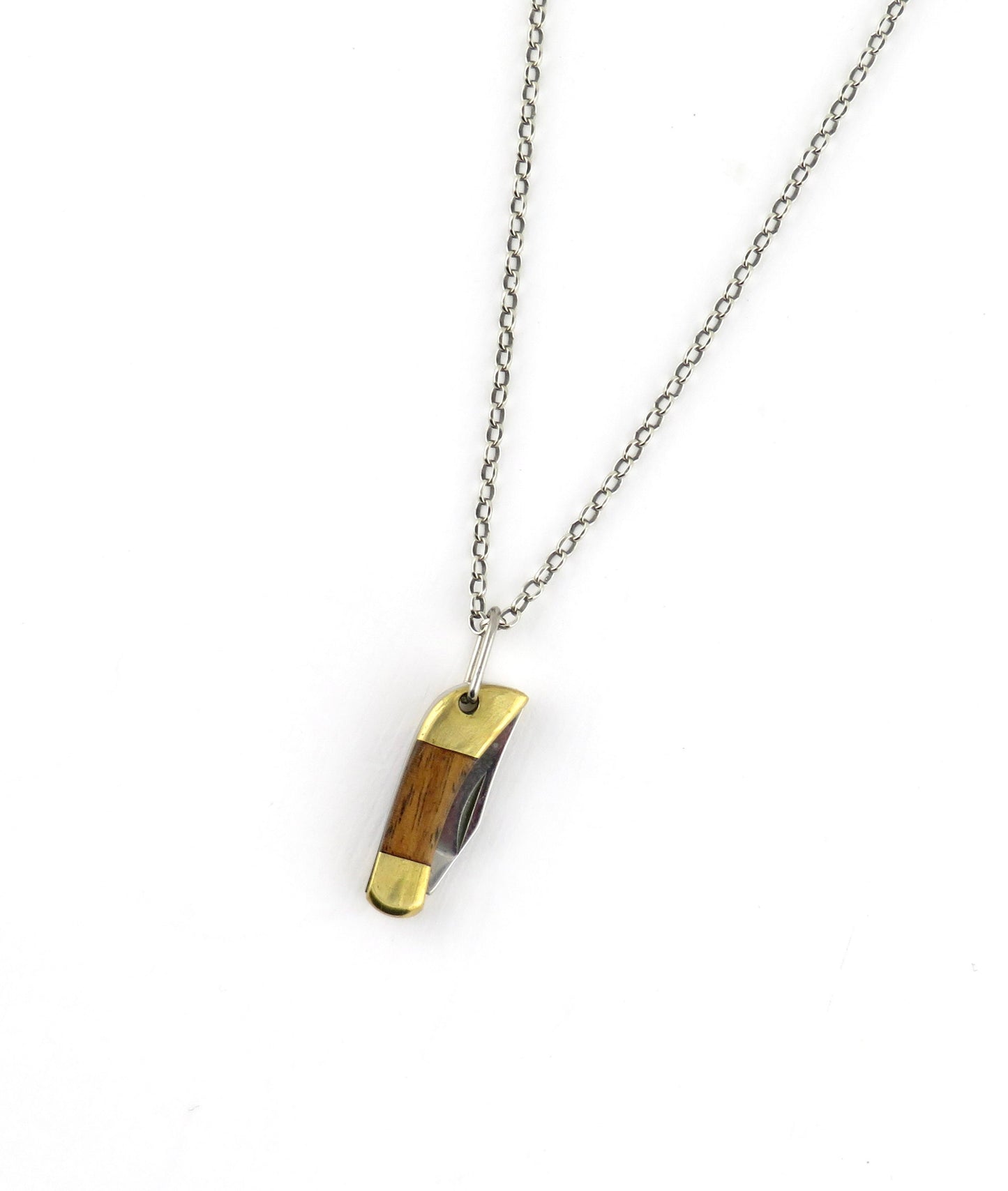 Tiny knife Necklace | Mini Knife Pendant | Small Gold Knife Necklace | Mini Pocketknife Pendant | Brass Walnut Wood Knife Necklace