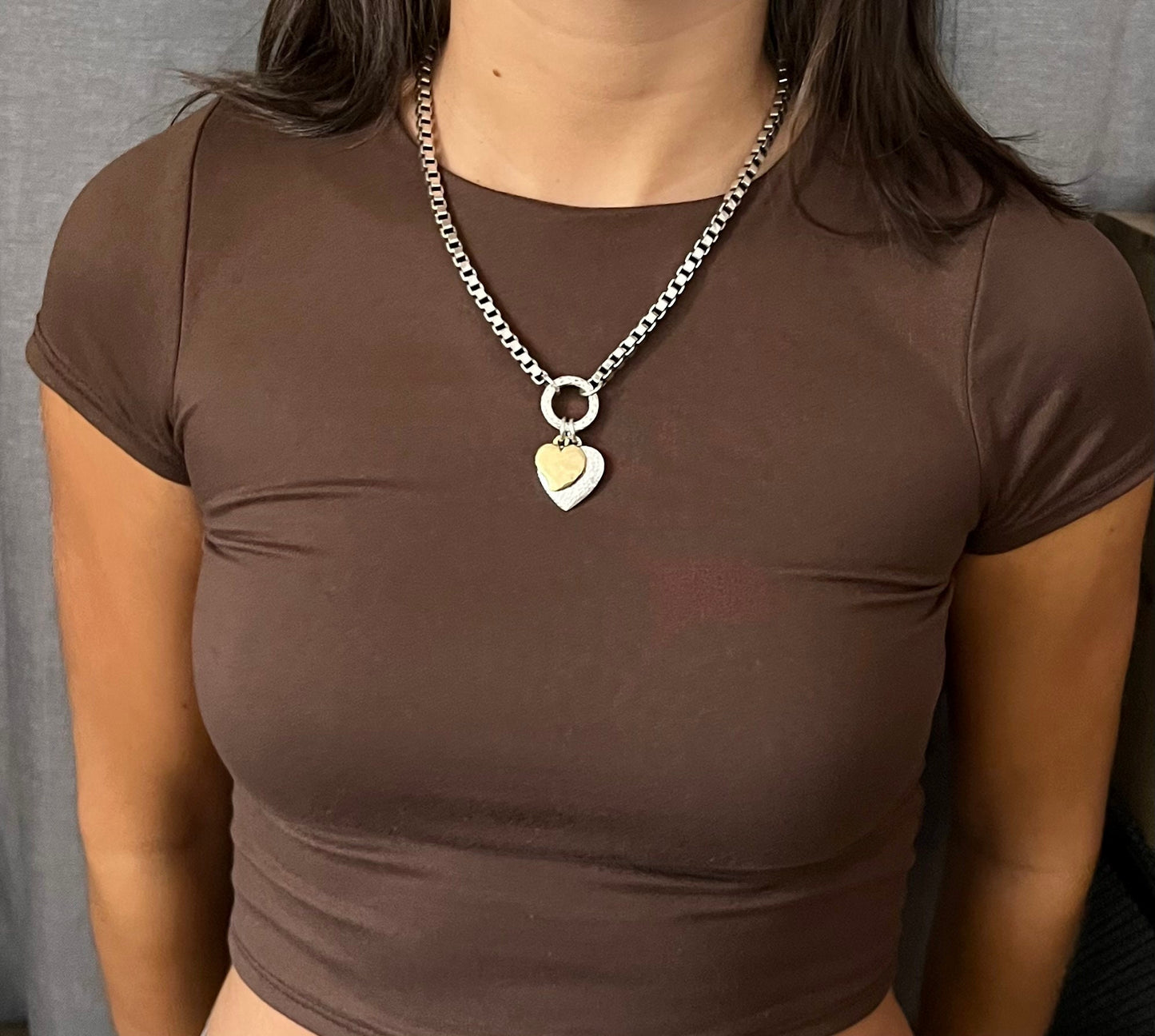 Chunky Two-Tone Heart Necklace | Antique Bronze and Silver Hearts Necklace | Chunky Heart Charm Necklace | Silver Gold Hearts Necklace