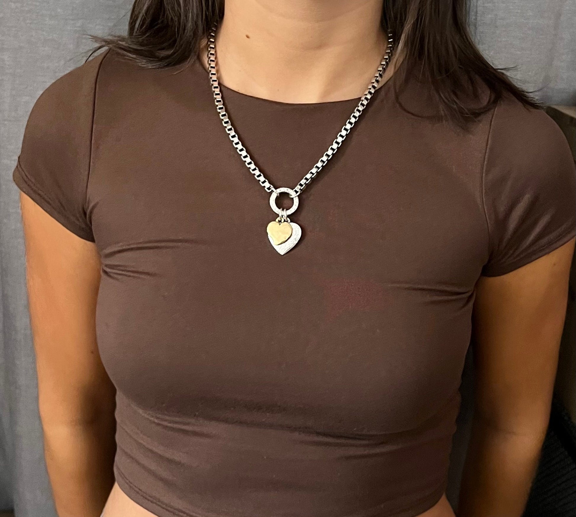 Chunky Two-Tone Heart Necklace | Antique Bronze and Silver Hearts Necklace | Chunky Heart Charm Necklace | Silver Gold Hearts Necklace