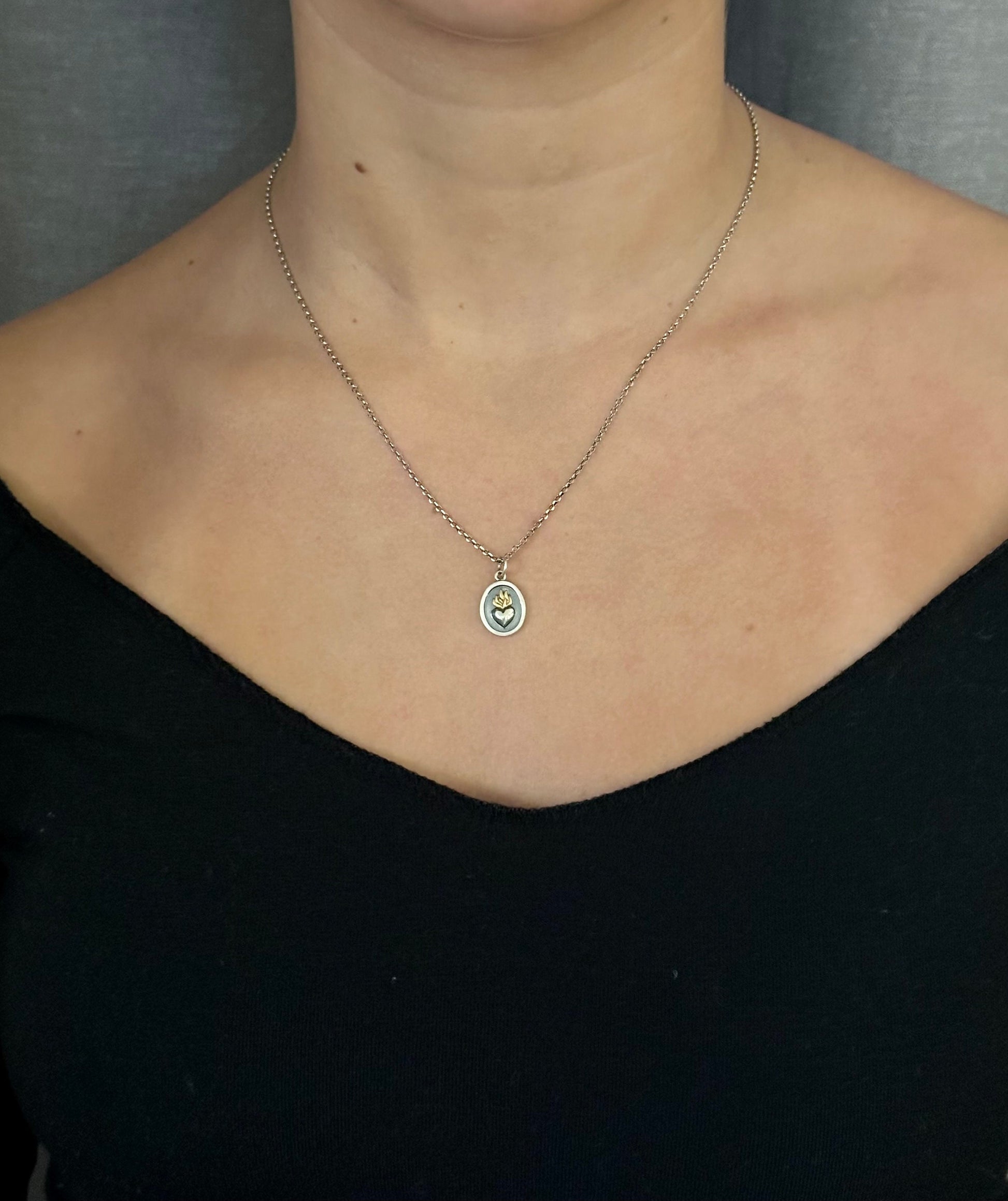Two Tone Heart Necklace | Silver Gold Heart on Fire Pendant | Mixed Metal Heart Flame Necklace | Heart Fire Sterling Necklace | Heart Flame