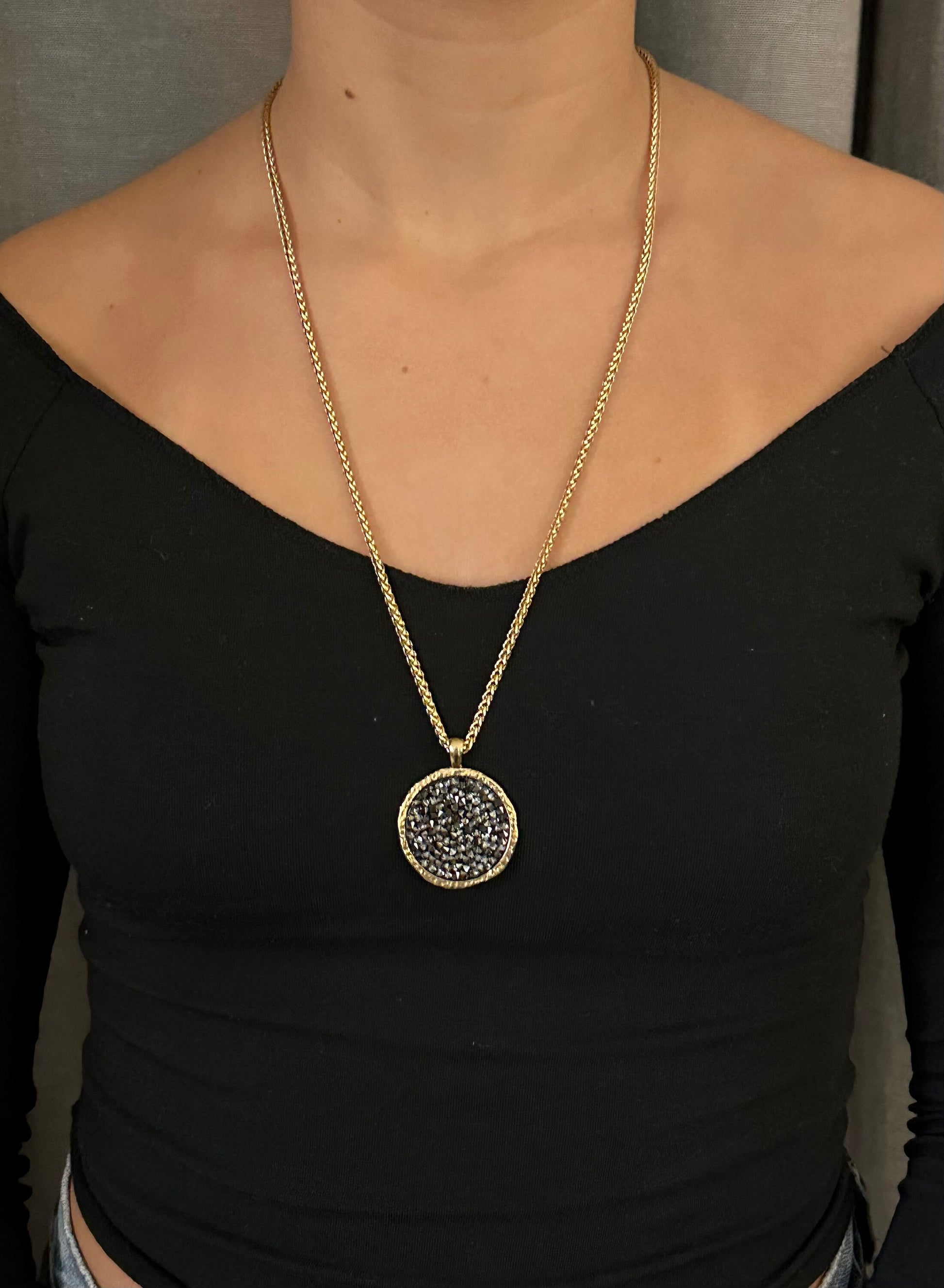 Gold Sparkly Necklace | Multi Crystal Gold Necklace | Gold and Gray Crystal Pendant | Multi Sparkles Gold Pendant | Statement necklace black