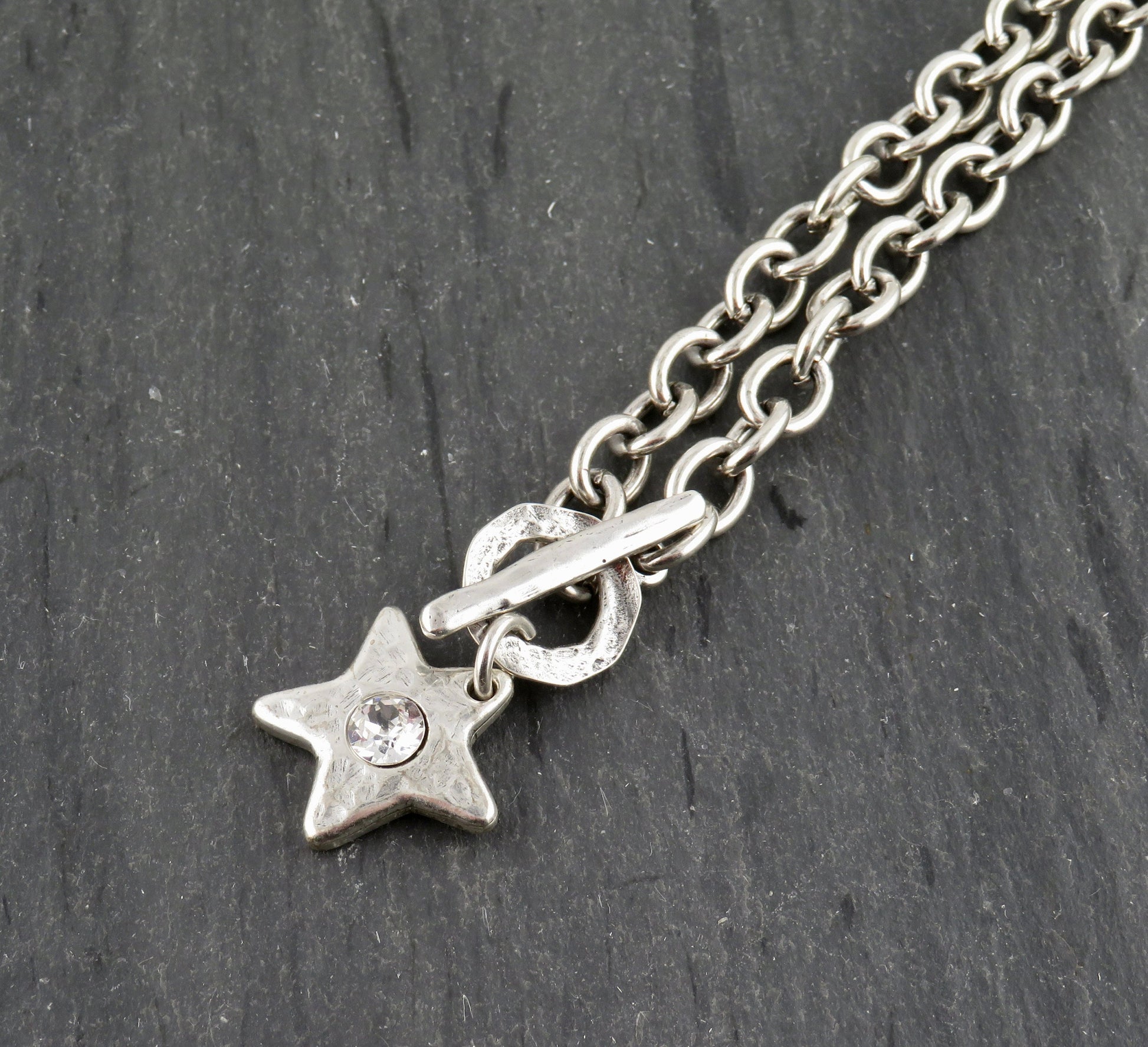 Hammered Silver Star Necklace| Sparkly Silver Star Pendant | Chunky Silver Star Necklace | Brushed Silver Star CZ Necklace | Toggle Necklace